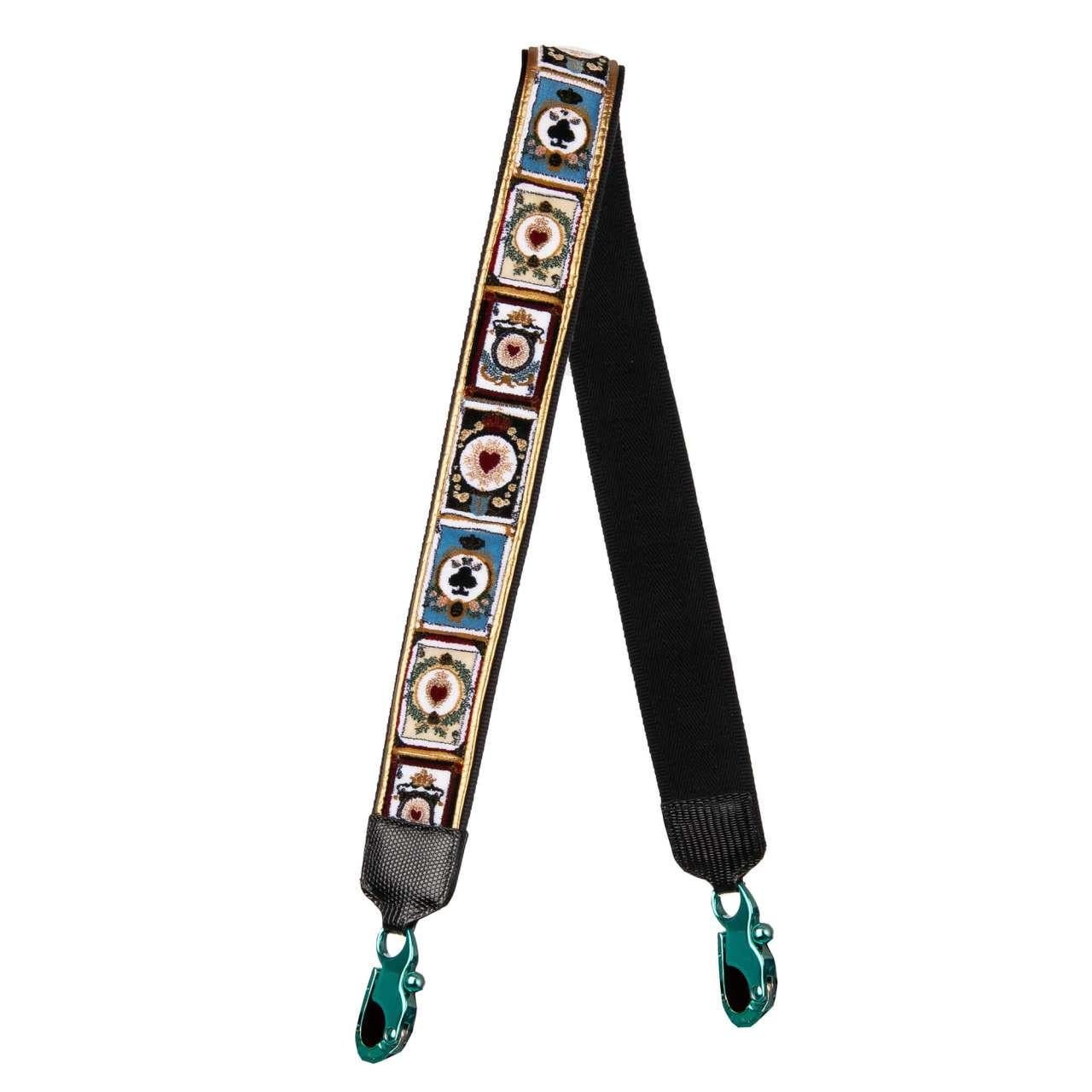 - Velvet bag Strap / Handle with playing cards print and leather applications in blackk and blue by DOLCE & GABBANA - New with Tag - MADE IN ITALY - Model: BI1117-AU275-8B015 - Material: 70% Cotton, 15 Calfskin, 10% Viscose, 5% Polyester - Color:
