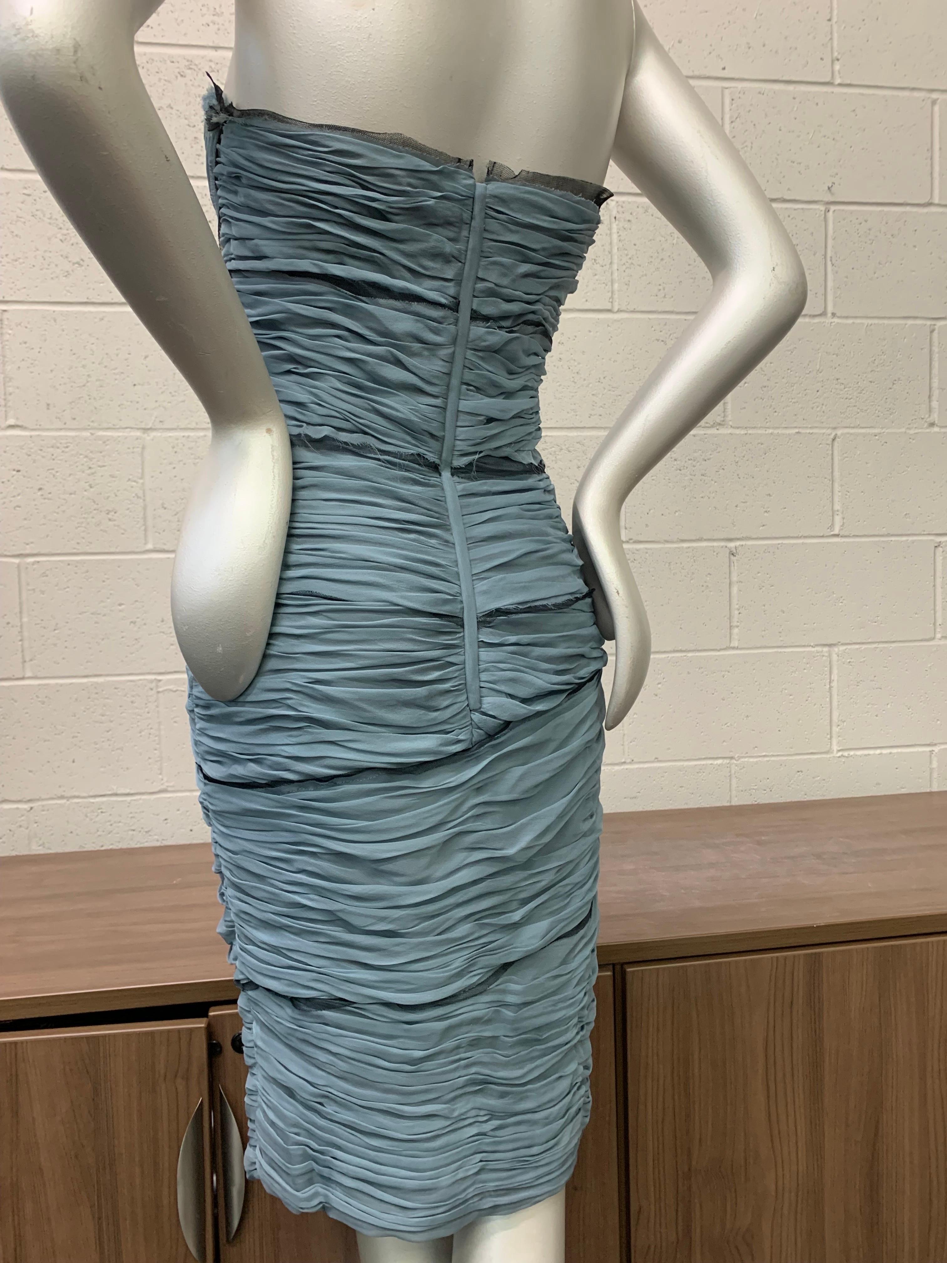 Contemporary Dolce & Gabbana powder blue silk chiffon strapless sheath cocktail dress. Ruched chiffon is attached to tulle base which is visible in parts. 