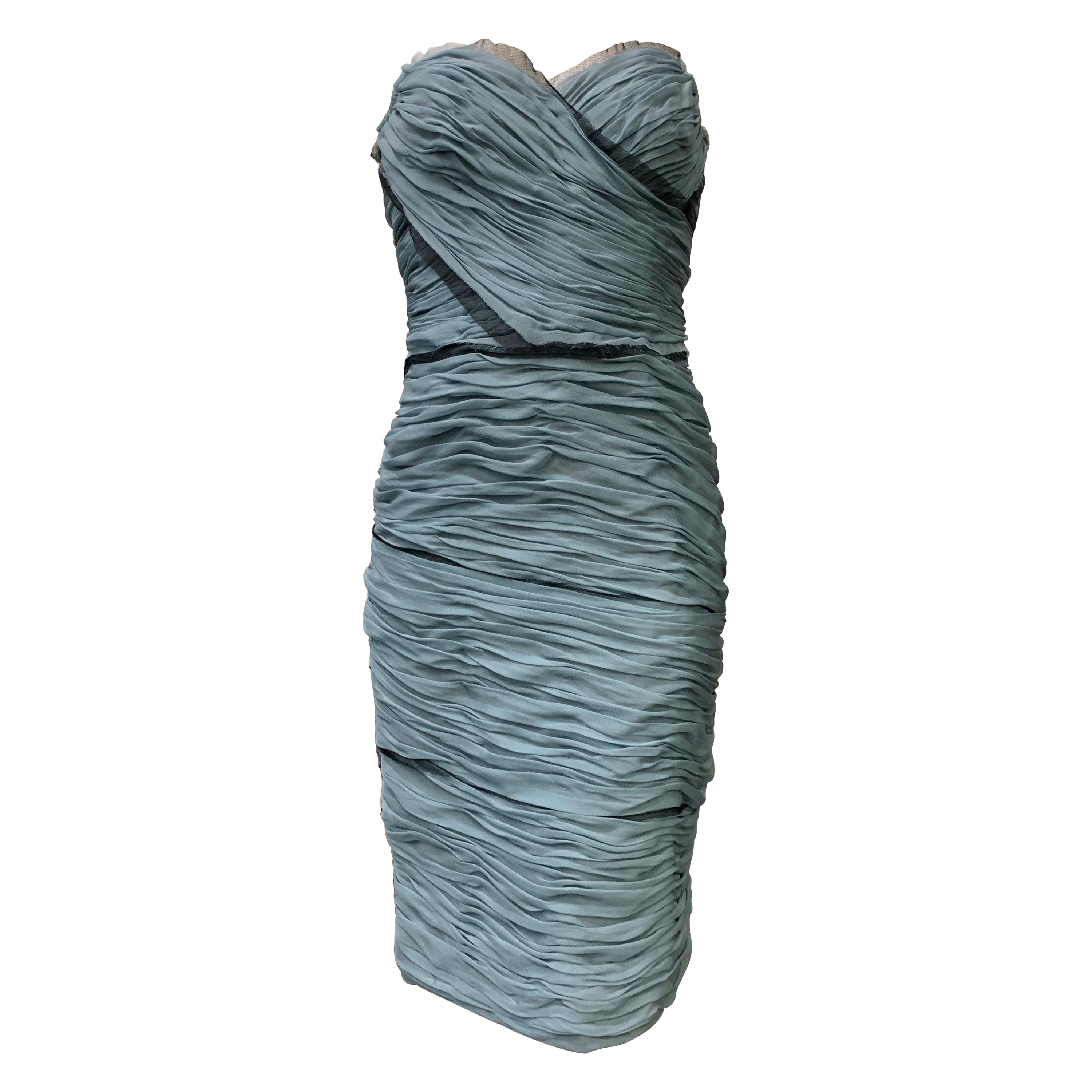 Dolce 
Gabbana Pleated Cornflower Chiffon Strapless Body Conscious Sheath Dress