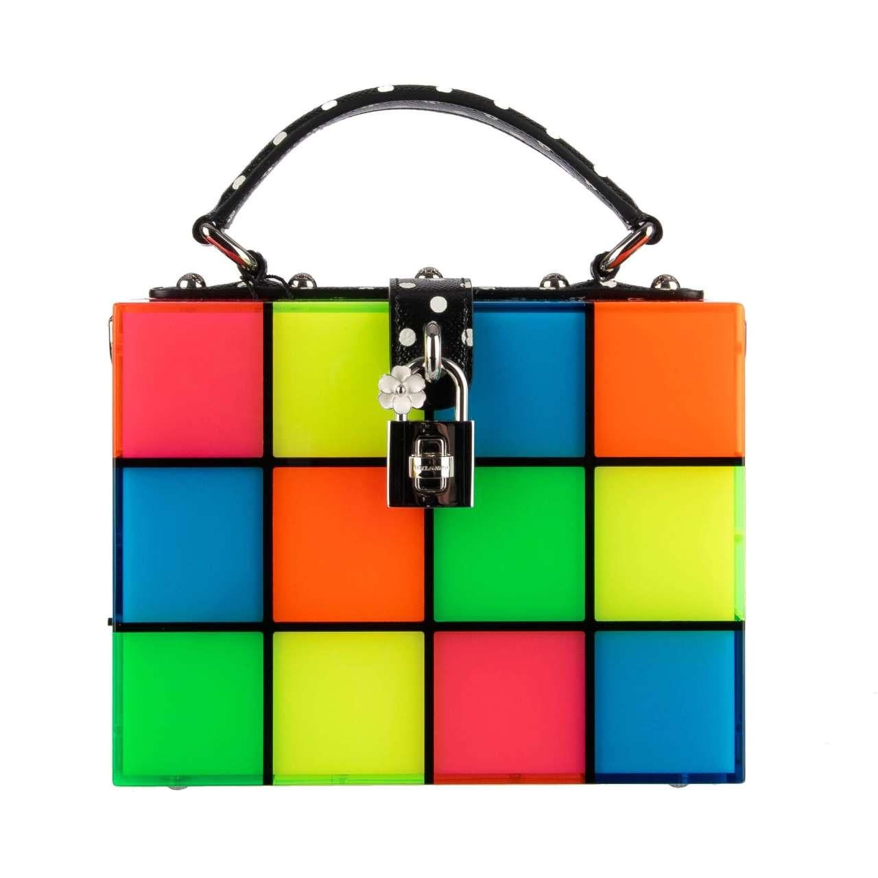 - Unique Plexiglas clutch / evening bag DOLCE BOX with square disco design, real running LED lights and decorative padlock by DOLCE & GABBANA - Running lights can be switched on and off with On / Off button - New with Tag, Authenticity Card and