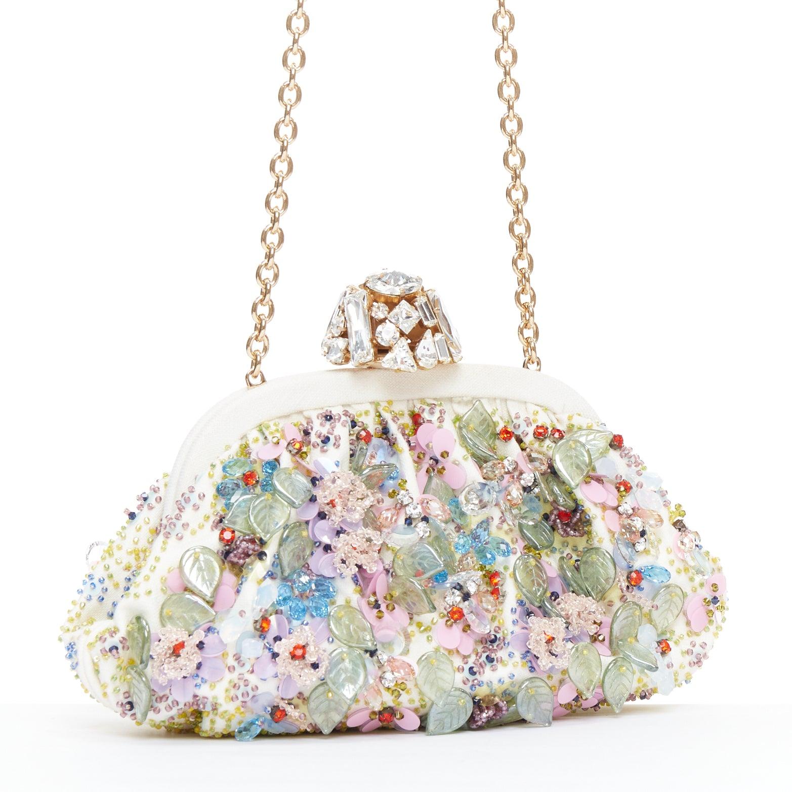 Beige DOLCE GABBANA Pochette cream colorful crystal embellished lock frame clutch bag