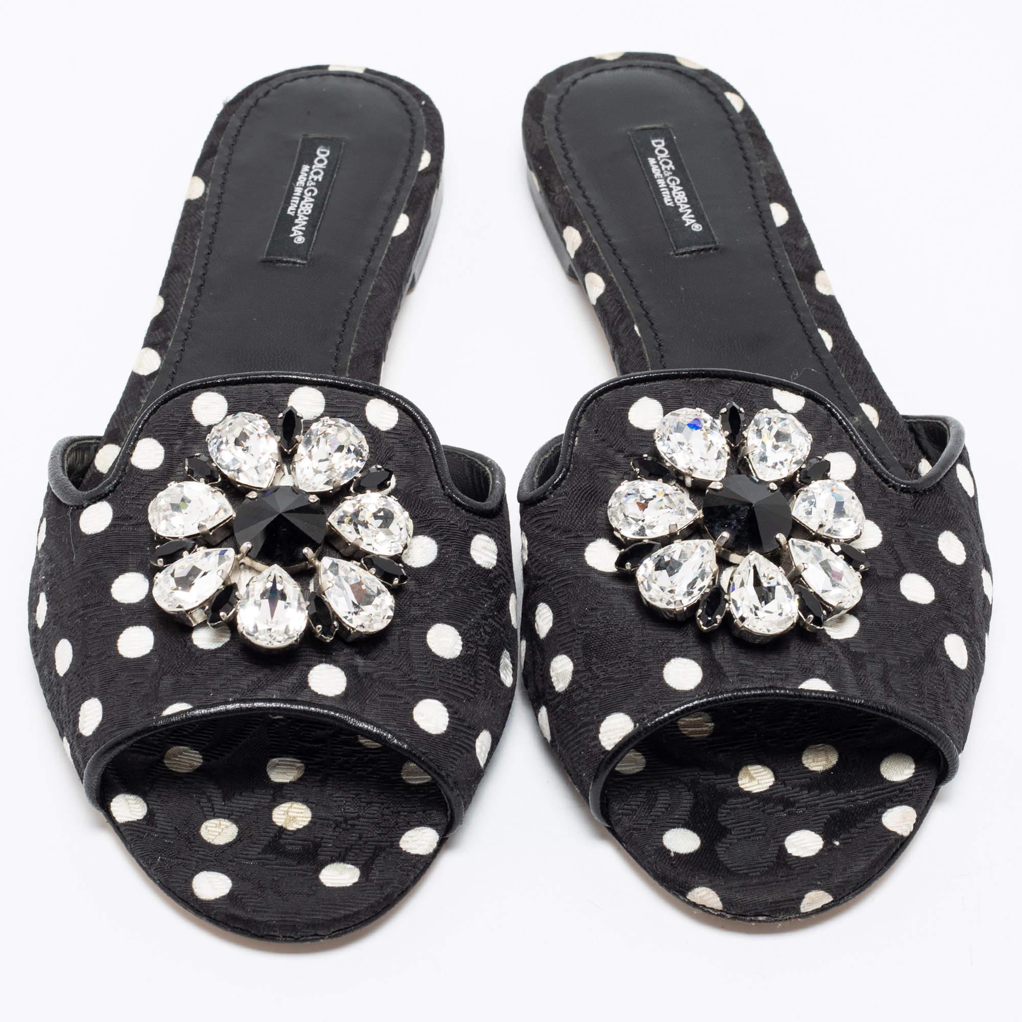 Dolce & Gabbana Polka Dot Fabric Crystal Embellished Flat Slide Sandals Size 40 3
