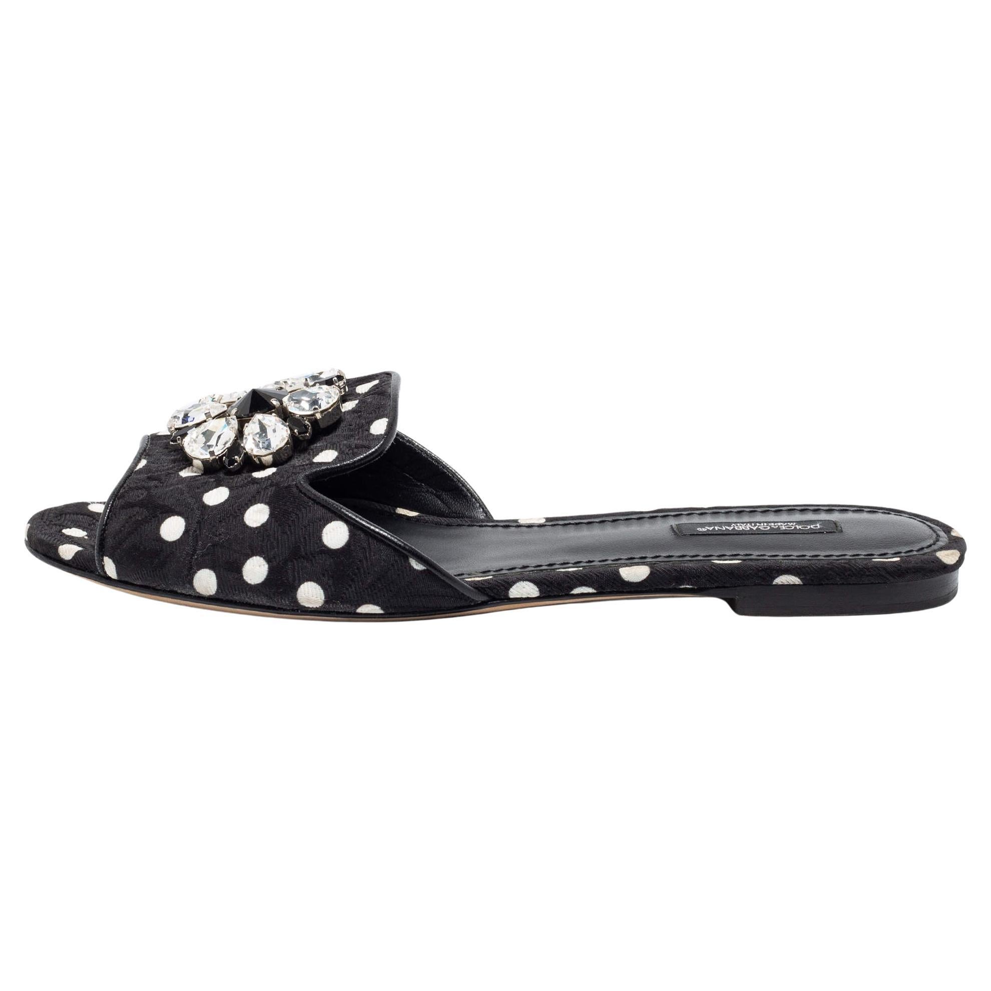 Dolce & Gabbana Polka Dot Fabric Crystal Embellished Flat Slide Sandals Size 40