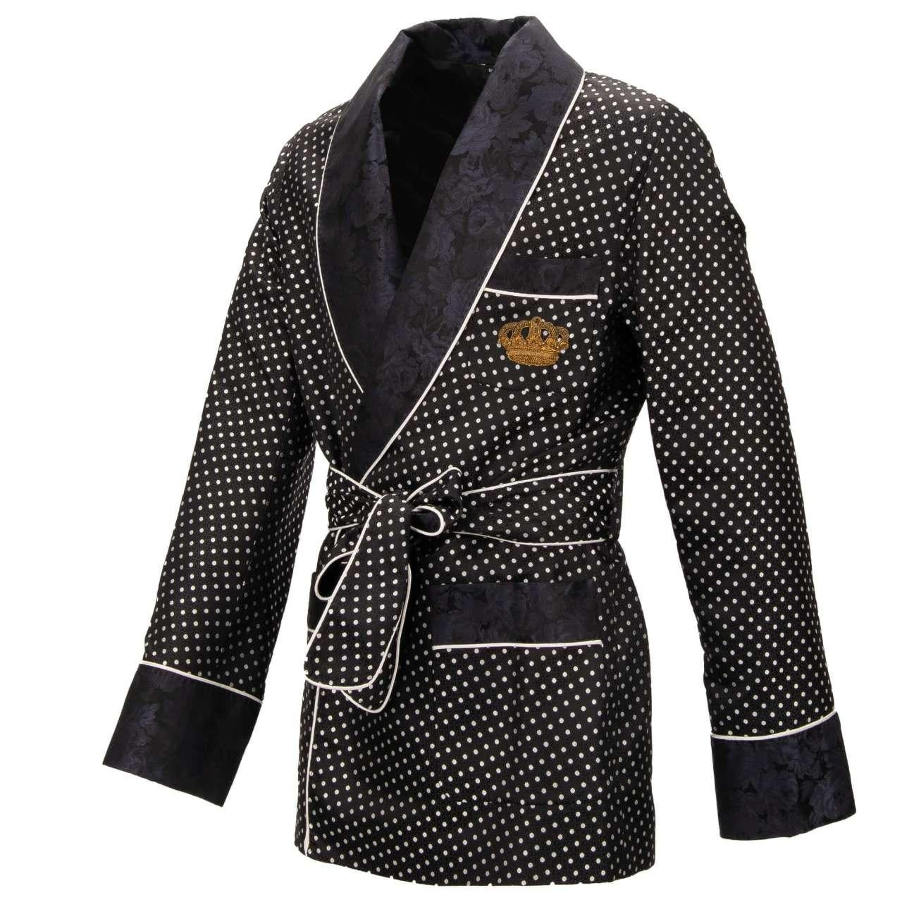 - Floral and polka dot pattern silk jacquard Robe / Blazer with goldwork crown embroidery and belt fastening in black and white by DOLCE & GABBANA - Former RRP: EUR 2,585 - MADE IN ITALY - New with Tag - Regular Fit - Model: G001JZ-FJ1EY-S8350 -