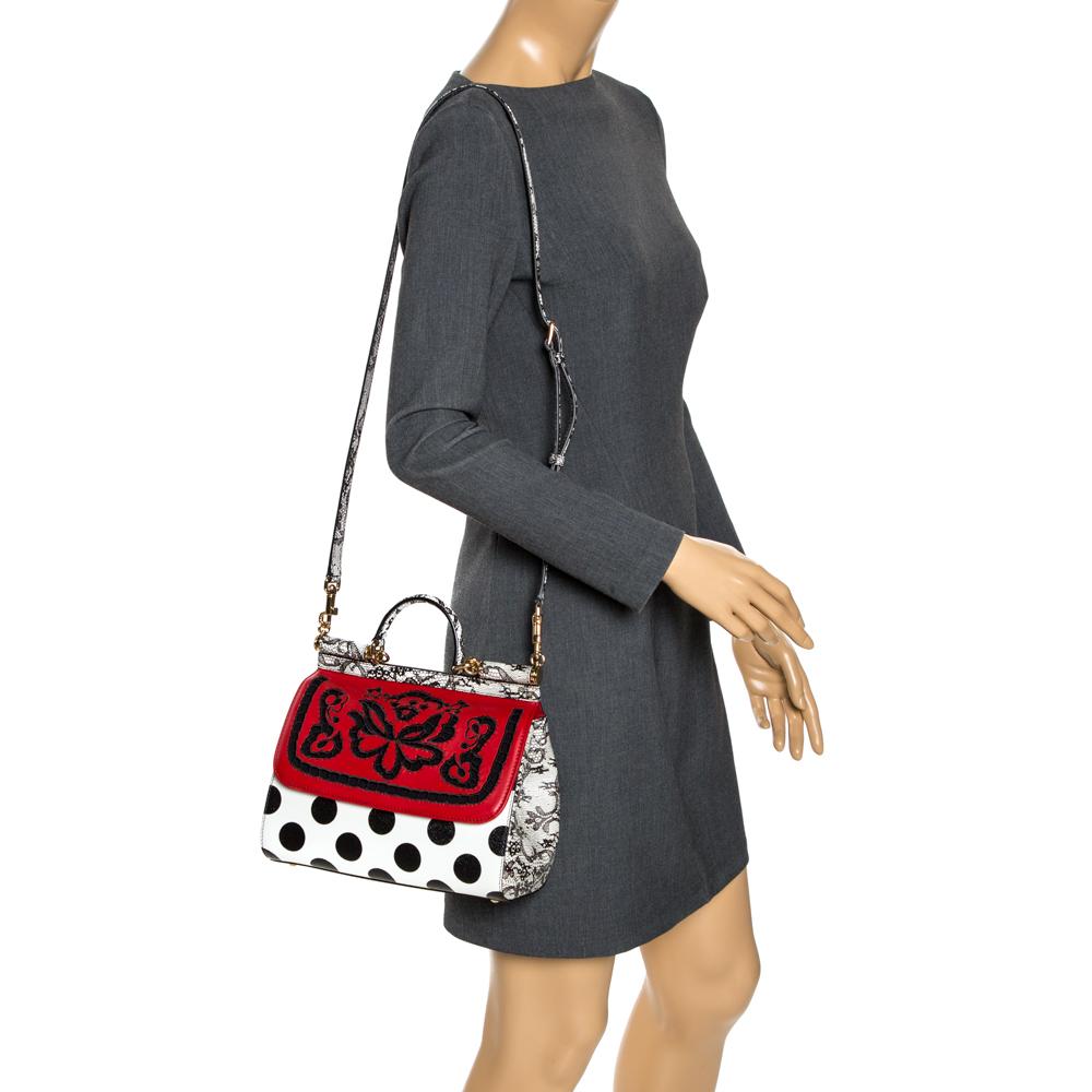 Dolce & Gabbana Polka Dots Leder Cut Out Medium Miss Sicily Top Handle Bag (Schwarz)