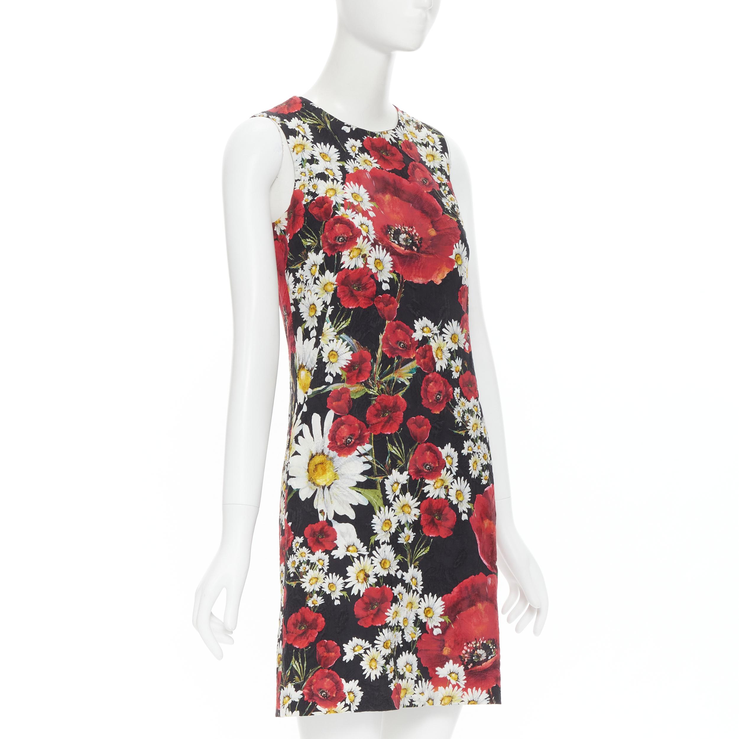 DOLCE GABBANA Poppy Daisy floral print jacquard mini sheath dress IT36 XS 
Reference: TGAS/B01460 
Brand: Dolce Gabbana 
Material: Cotton 
Color: Black 
Pattern: Floral 
Closure: Zip 
Extra Detail: Red and white poppy floral print on textured