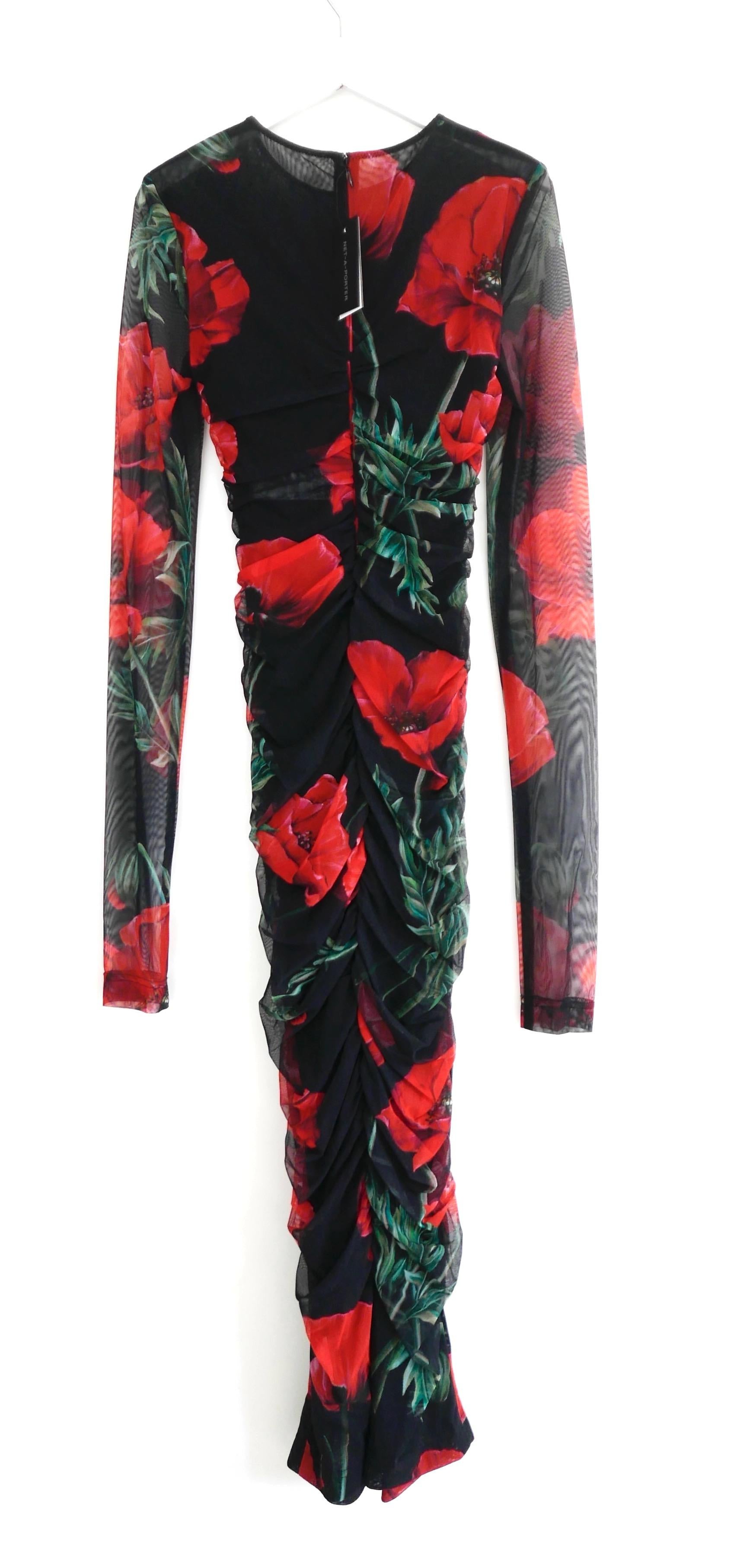 Women's Dolce & Gabbana Poppy Print Ruched Mesh Midi Dress For Sale
