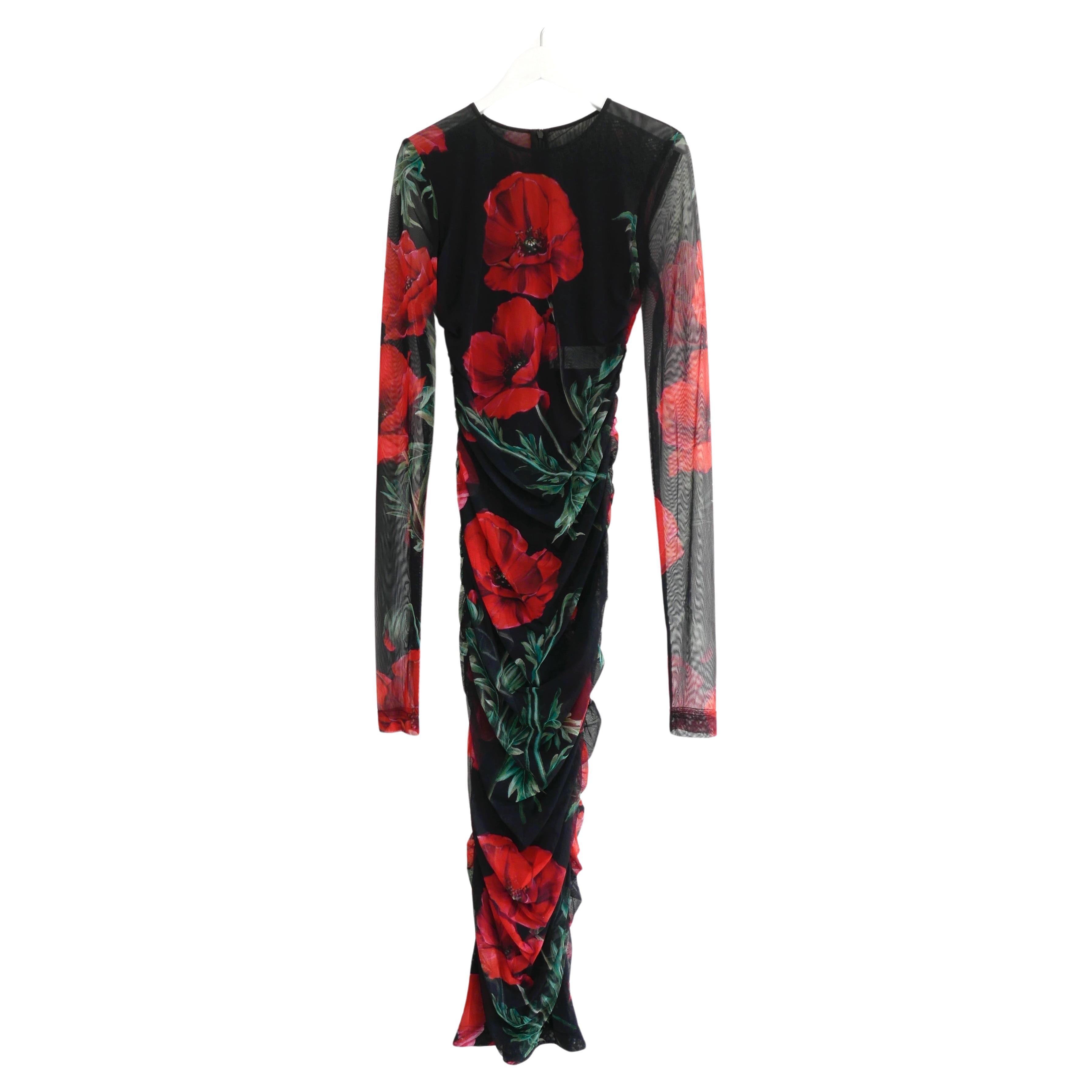 Dolce & Gabbana Poppy Print Ruched Mesh Midi Dress For Sale