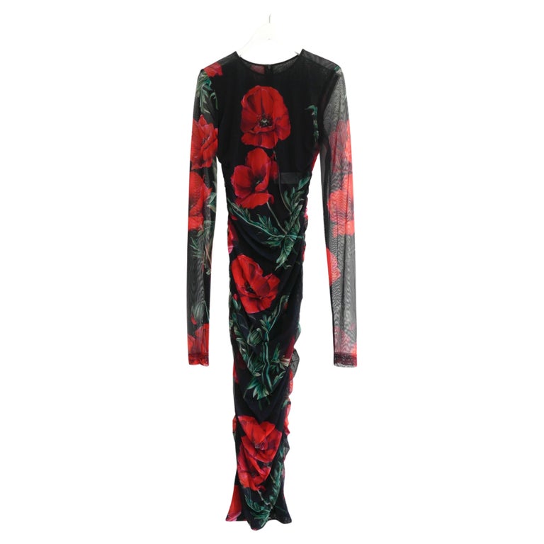 Dolce and Gabbana Poppy Print Ruched Mesh Midi Dress For Sale at 1stDibs