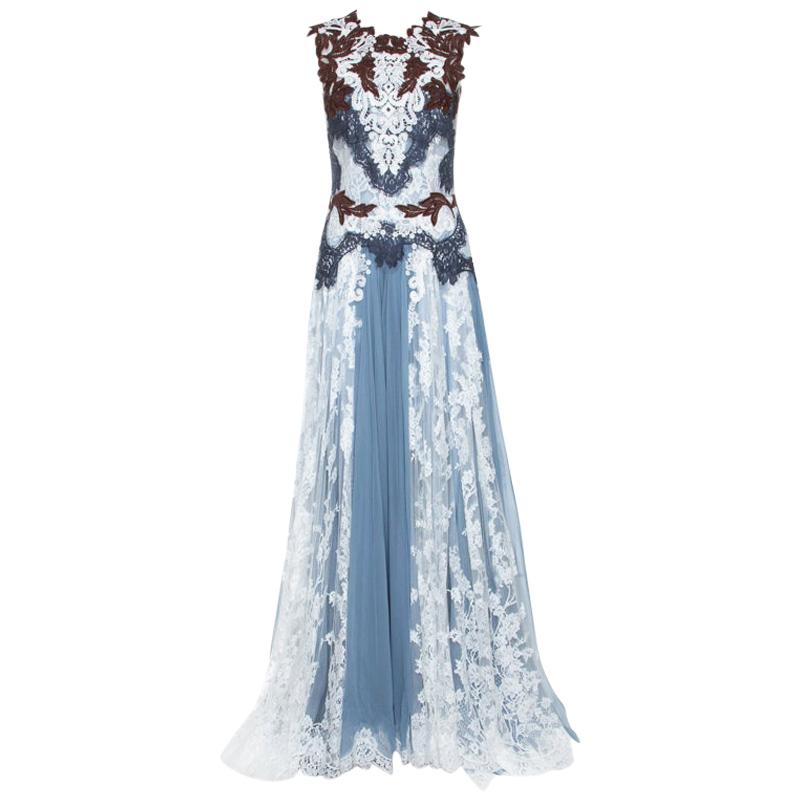 Dolce & Gabbana Powder Blue Silk and Lace Paneled Sleeveless Gown S