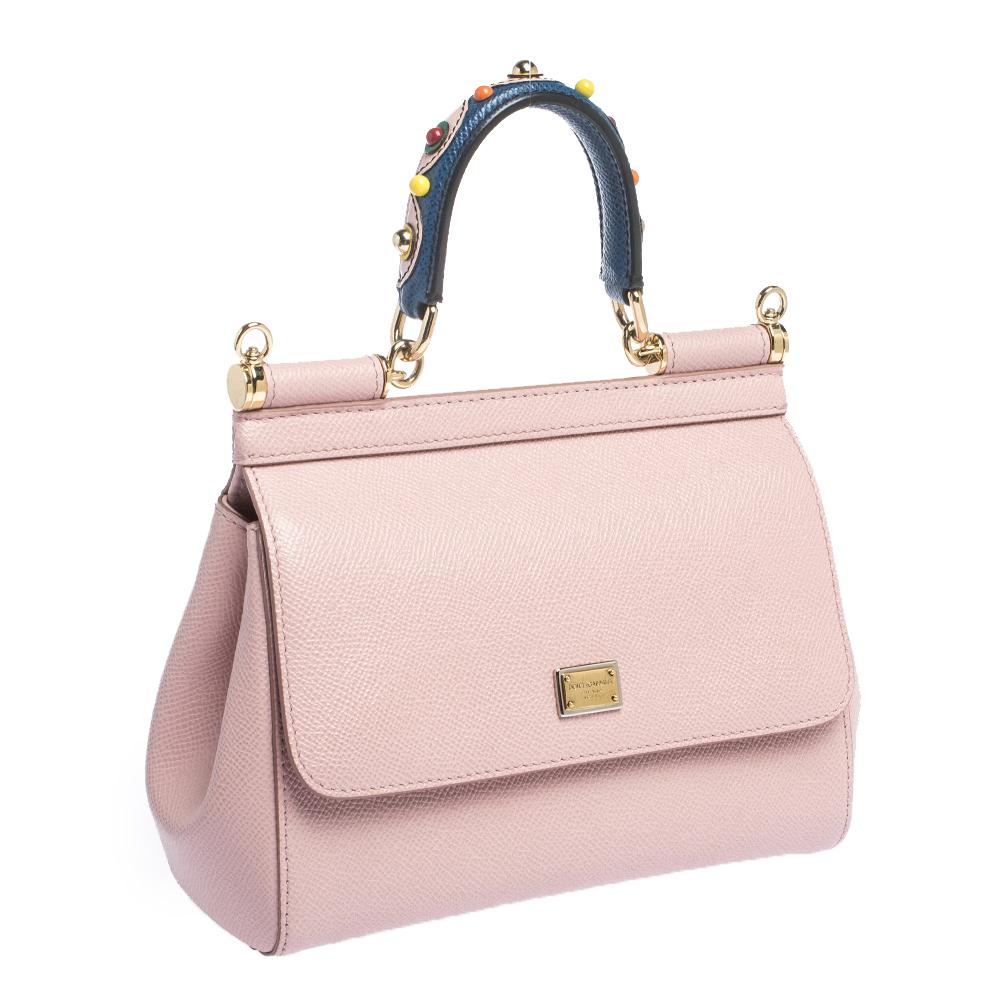 White Dolce & Gabbana Powder Pink Embellished Leather Small Miss Sicily Top Handle Bag