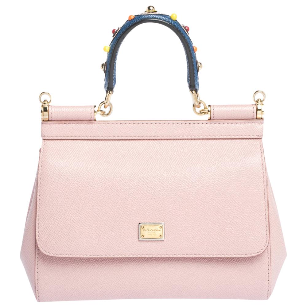 Dolce & Gabbana Powder Pink Verschönertes Leder Kleine Miss Sicily Top Handle Tasche