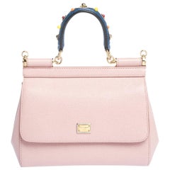 Dolce & Gabbana Powder Pink Embellished Leather Small Miss Sicily Top Handle Bag