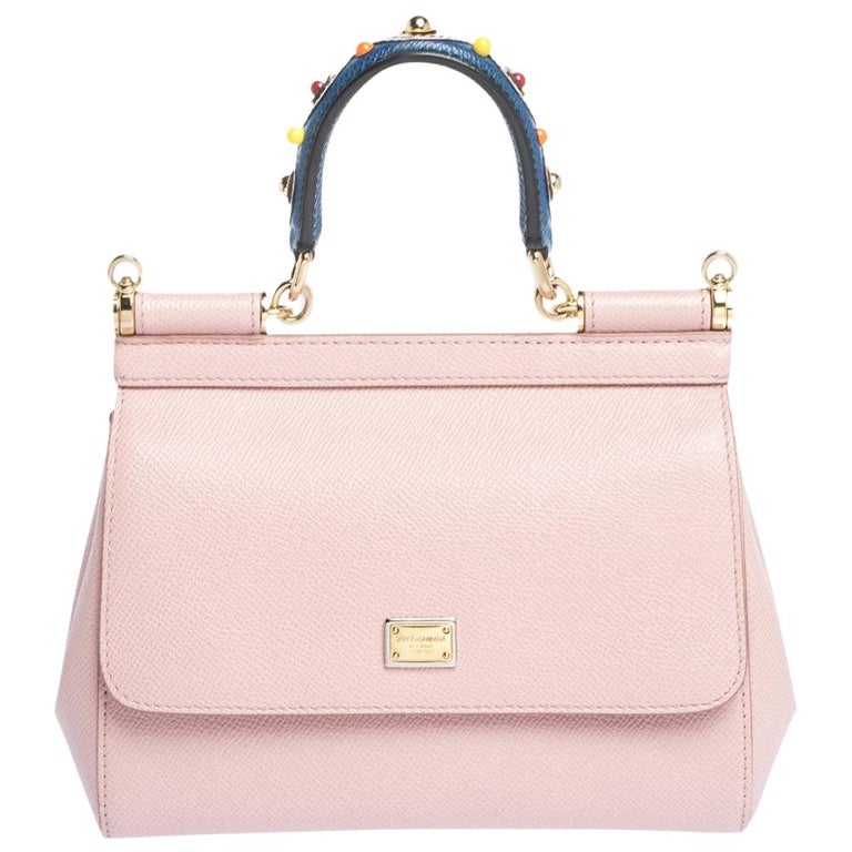 Dolce and Gabbana Powder Pink Embellished Leather Small Miss Sicily Top ...