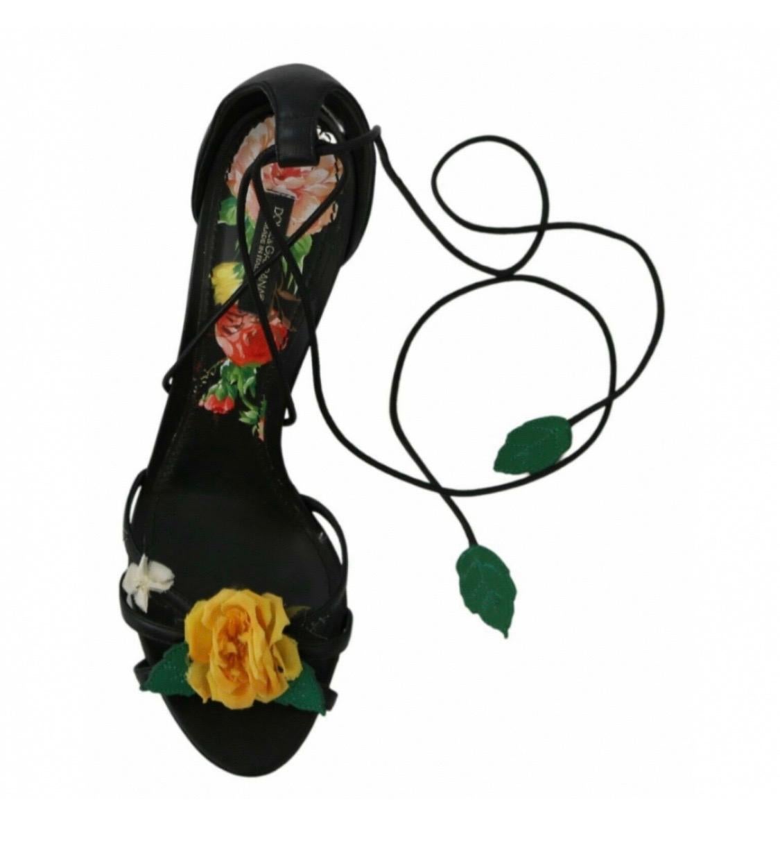 Dolce & Gabbana pre owned black with multicolour floral leather strap sandals For Sale 5