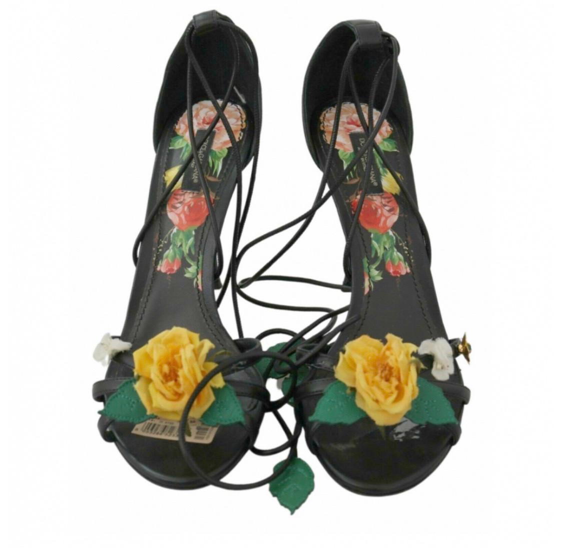 Dolce & Gabbana pre owned black with multicolour floral leather strap sandals For Sale 3