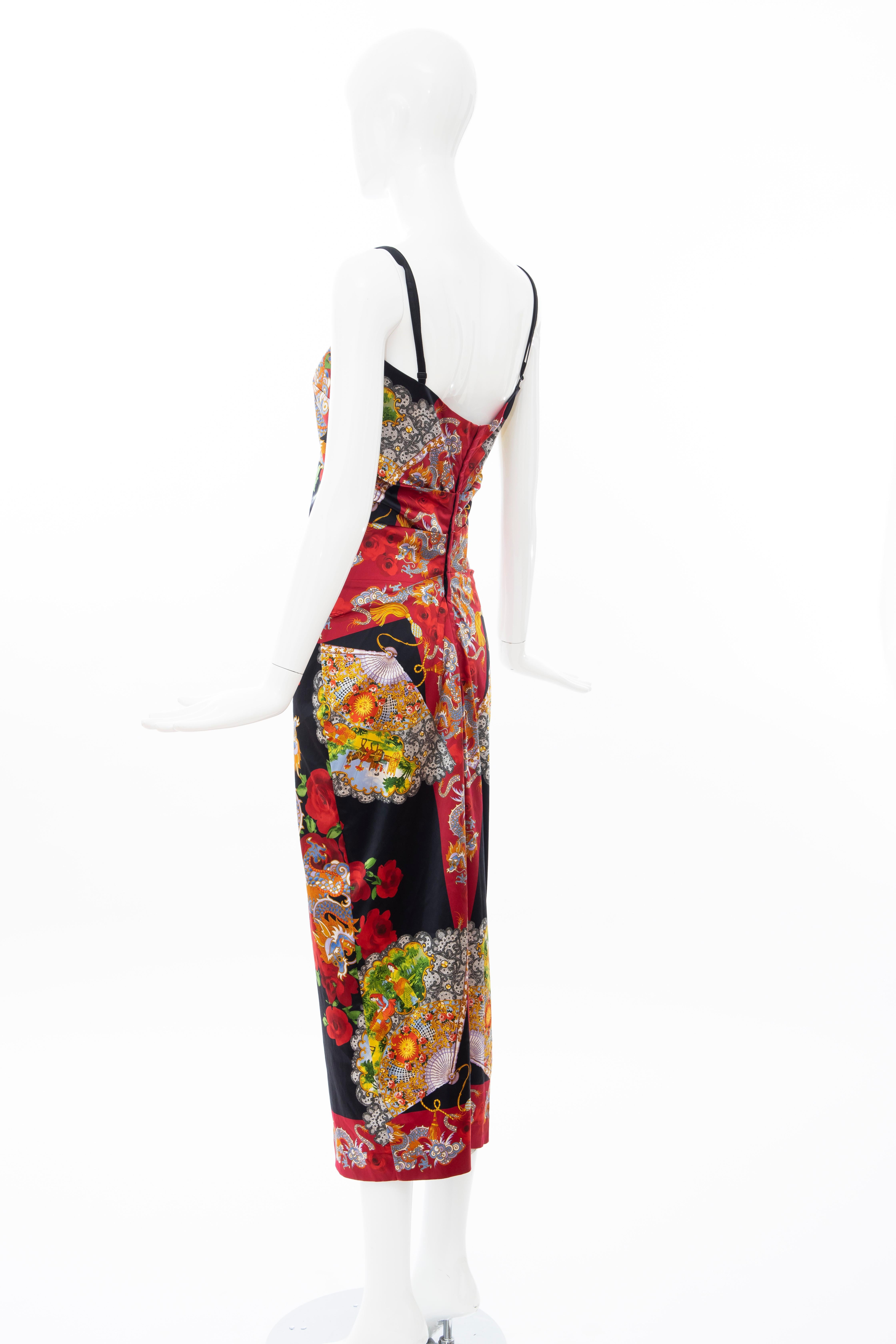 Dolce & Gabbana Printed Dragon & Fan Stretch Silk Satin Evening Dress, Circa 1999 4