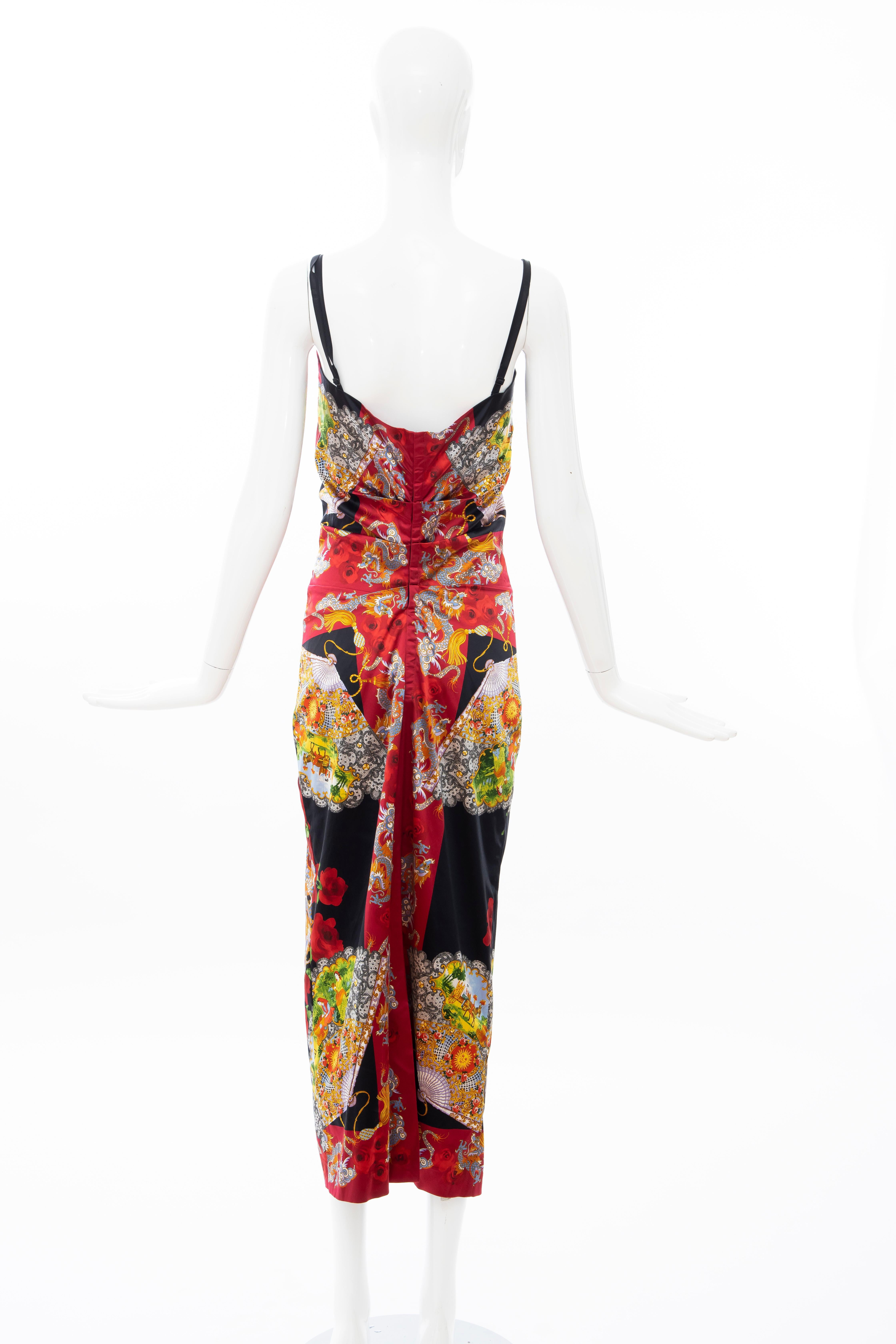 Dolce & Gabbana Printed Dragon & Fan Stretch Silk Satin Evening Dress, Circa 1999 3