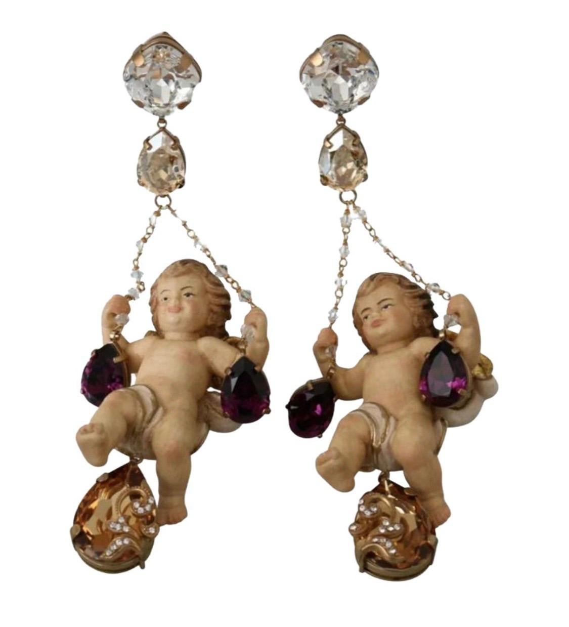 Modern Dolce & Gabbana puppi Sicily Clip on dangling wood crystal embellished earrings 