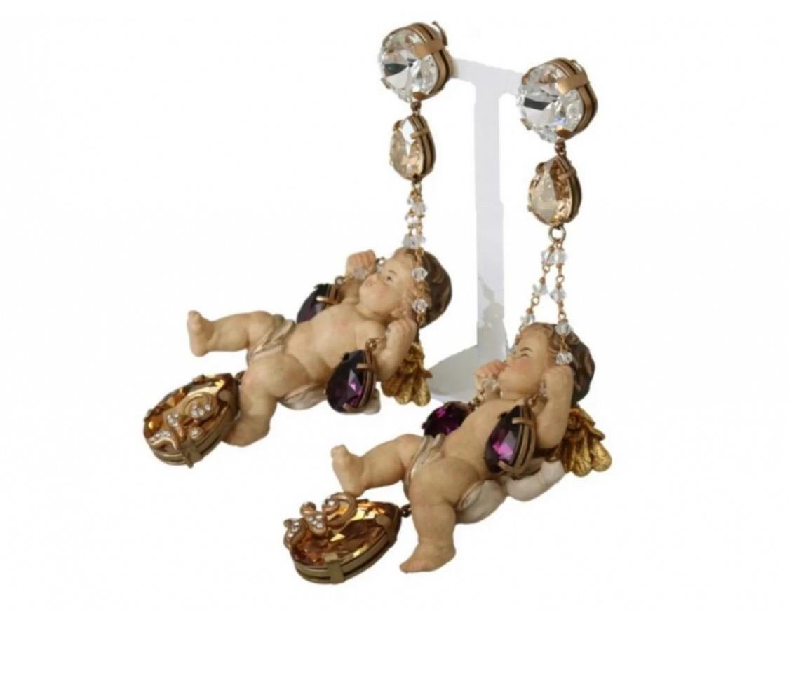Mixed Cut Dolce & Gabbana puppi Sicily Clip on dangling wood crystal embellished earrings 