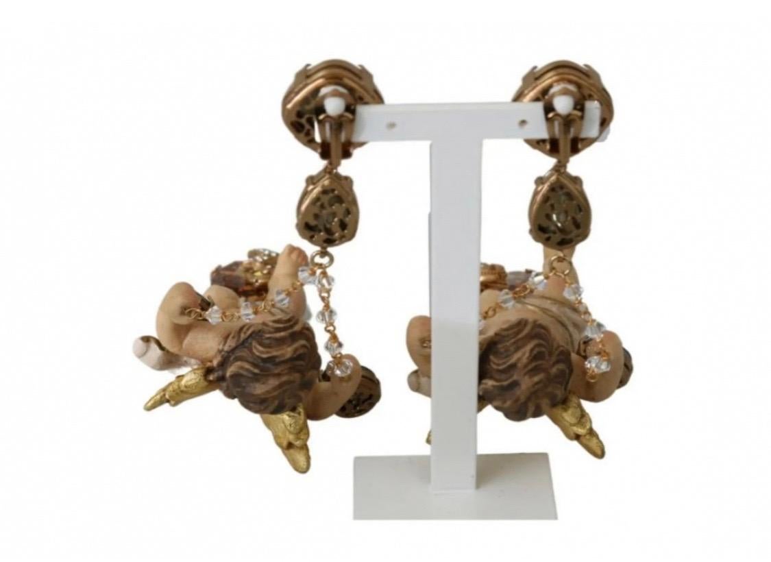 Dolce & Gabbana puppi Sicily Clip on dangling wood crystal embellished earrings  In New Condition In WELWYN, GB