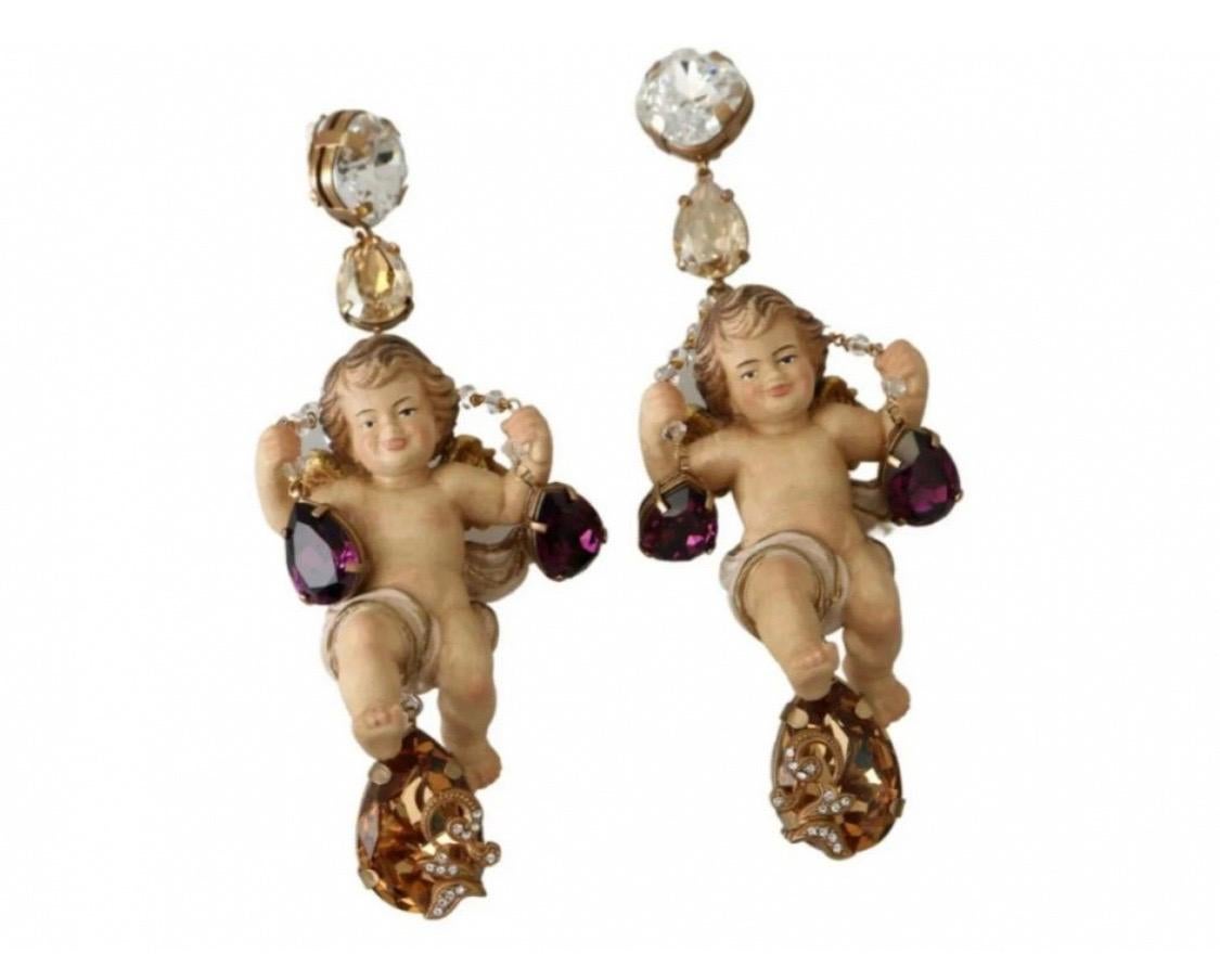 Women's Dolce & Gabbana puppi Sicily Clip on dangling wood crystal embellished earrings 