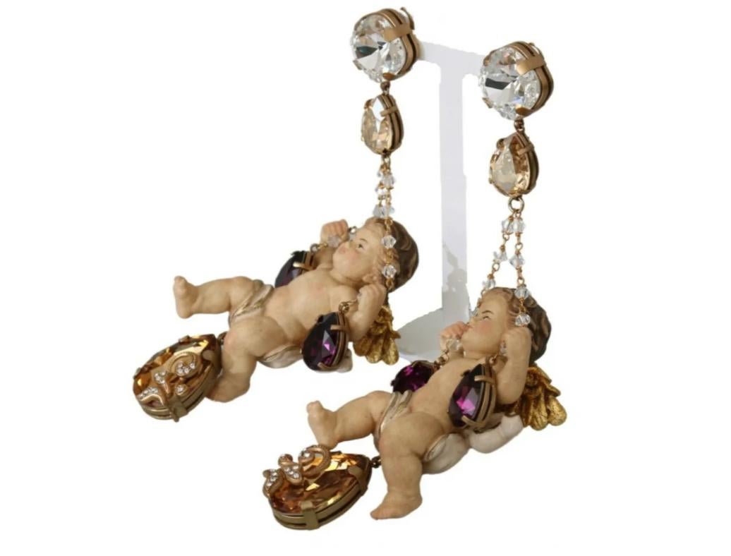 Modern Dolce & Gabbana Puppi Sicily Gold Beige Crystal Clip-on Dangling Earrings Brass