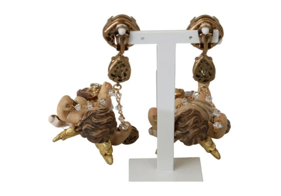 Dolce & Gabbana Puppi Sicily Gold Beige Crystal Clip-on Dangling Earrings Brass In New Condition In WELWYN, GB