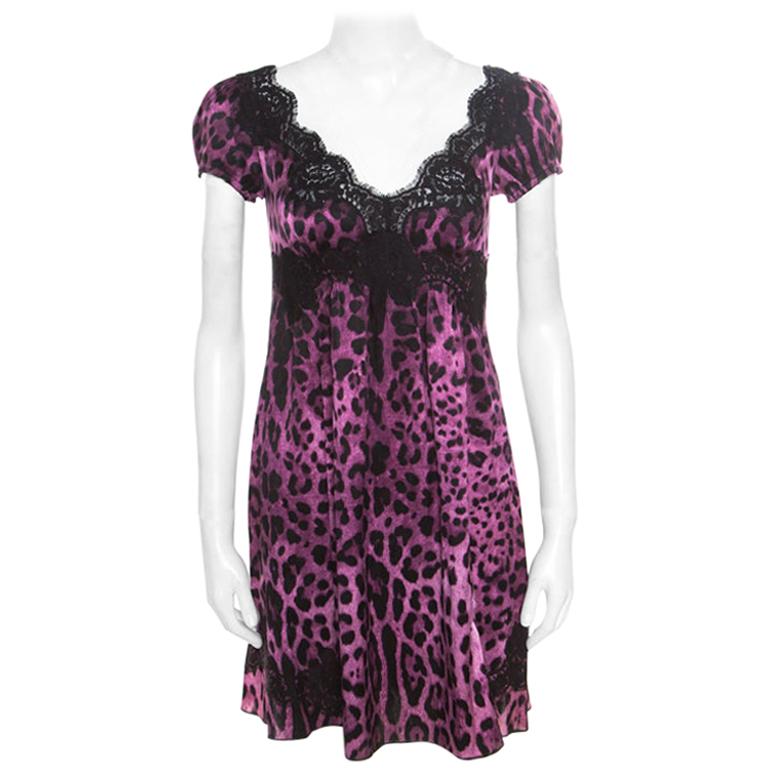 Dolce & Gabbana Purple and Black Animal Printed Lace Insert Baby Doll Dress S