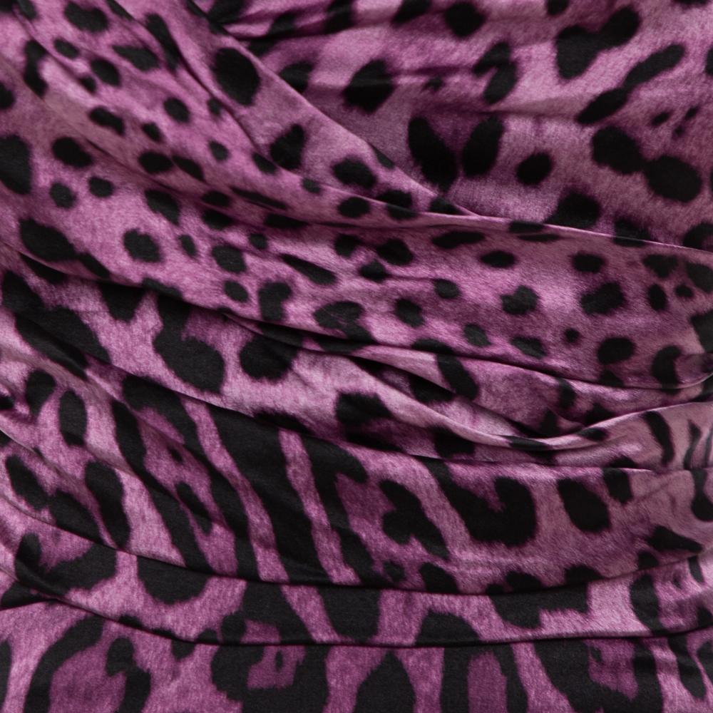 Dolce & Gabbana Purple Animal Printed Satin Ruched Sleeveless Dress S In Good Condition In Dubai, Al Qouz 2