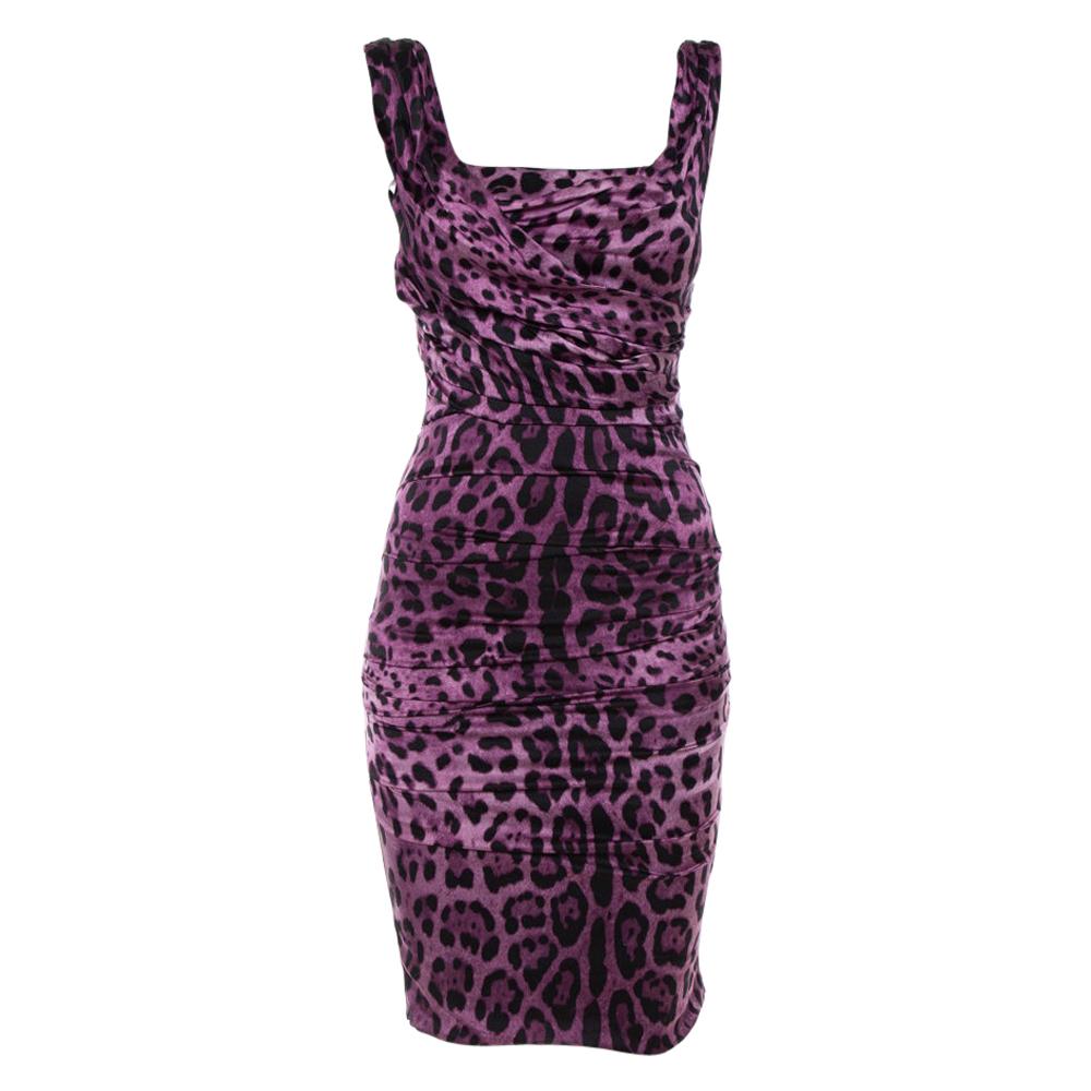 Dolce & Gabbana Purple Animal Printed Satin Ruched Sleeveless Dress S