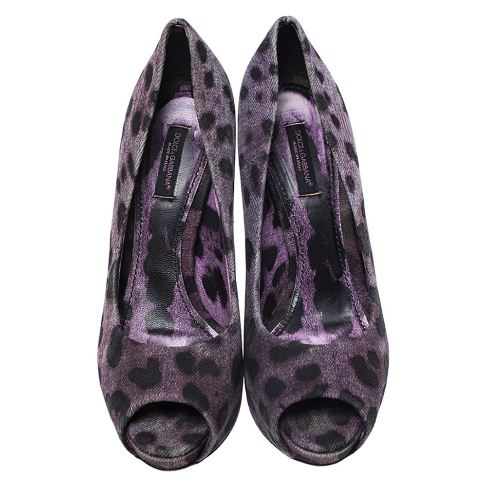 Noir Dolce & Gabbana Purple/Black Leopard Print Canvas Peep Toe Pumps Size 37