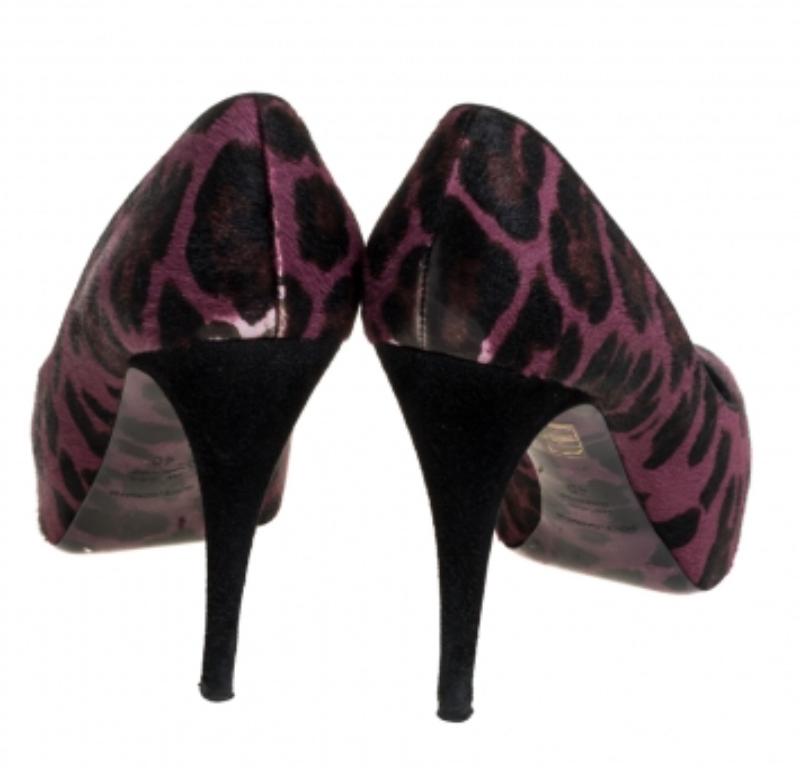 Dolce & Gabbana Purple Calf hair And Suede Leopard Print Peep Toe Pumps Size 40 For Sale 1