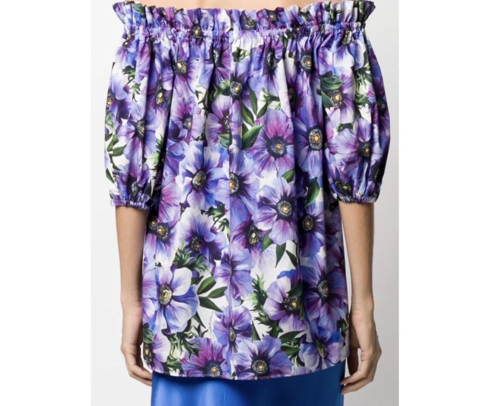 Gray Dolce & Gabbana Purple Cotton Floral Anemone Top Blouse Sleeveless Off Shoulders For Sale