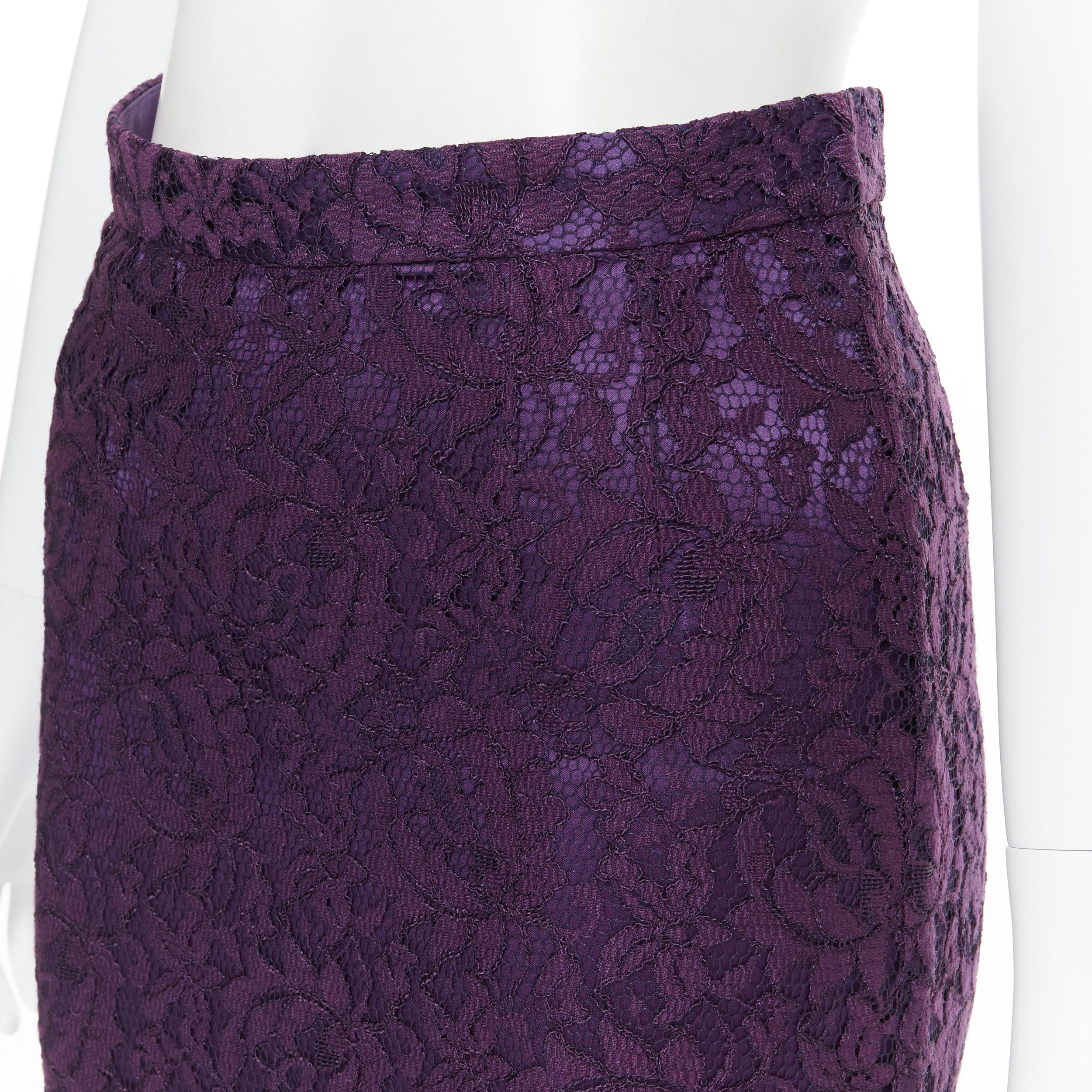 DOLCE GABBANA purple floral lace overlay fitted pencil skirt IT38 XS 
Reference: LNKO/A01718 
Brand: Dolce Gabbana 
Designer: Domenico Dolce and Stefano Gabbana 
Material: Unknown 
Color: Purple 
Pattern: Solid 
Closure: Zip 
Extra Detail: Floral