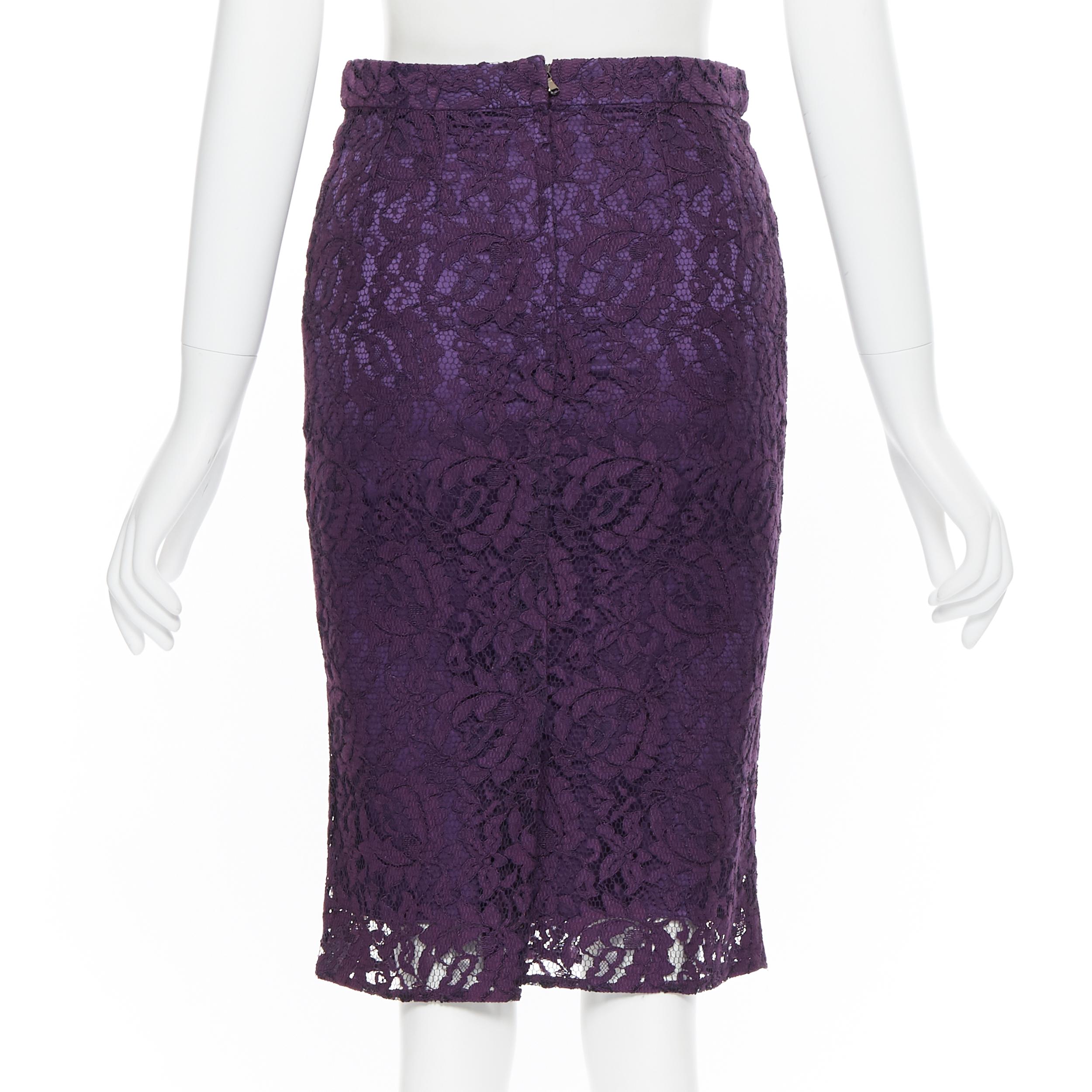 Women's DOLCE GABBANA purple floral lace overlay fitted pencil skirt IT38 XS For Sale