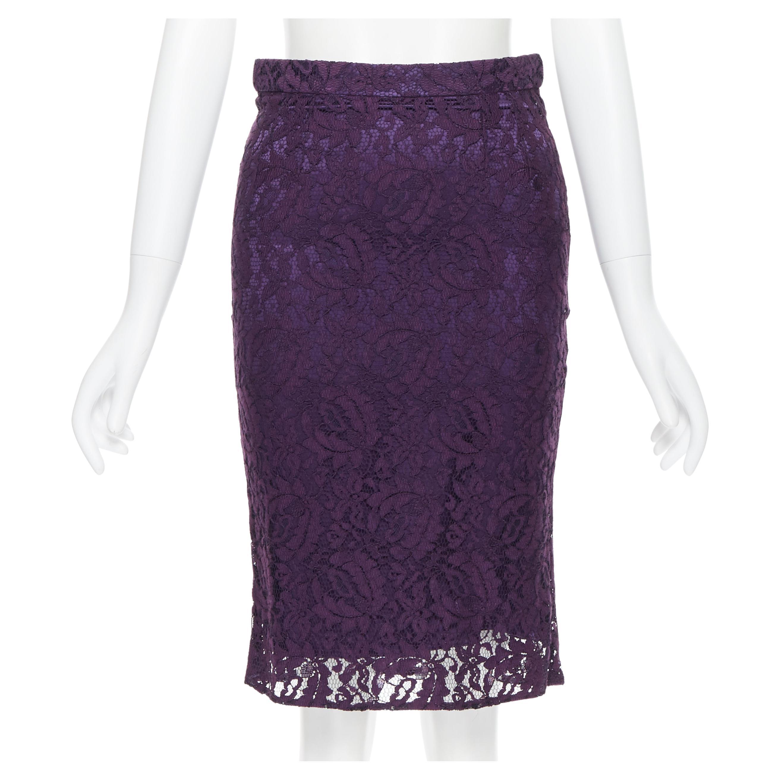 DOLCE GABBANA purple floral lace overlay fitted pencil skirt IT38 XS For Sale