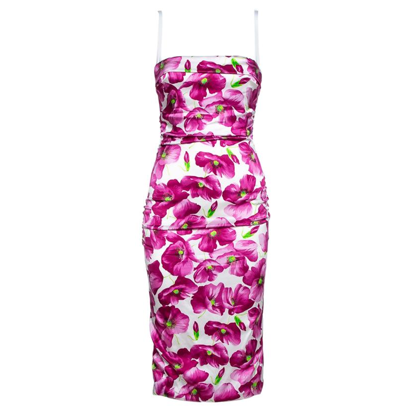 Dolce & Gabbana Purple Floral Printed Silk Satin Ruched Midi Dress M