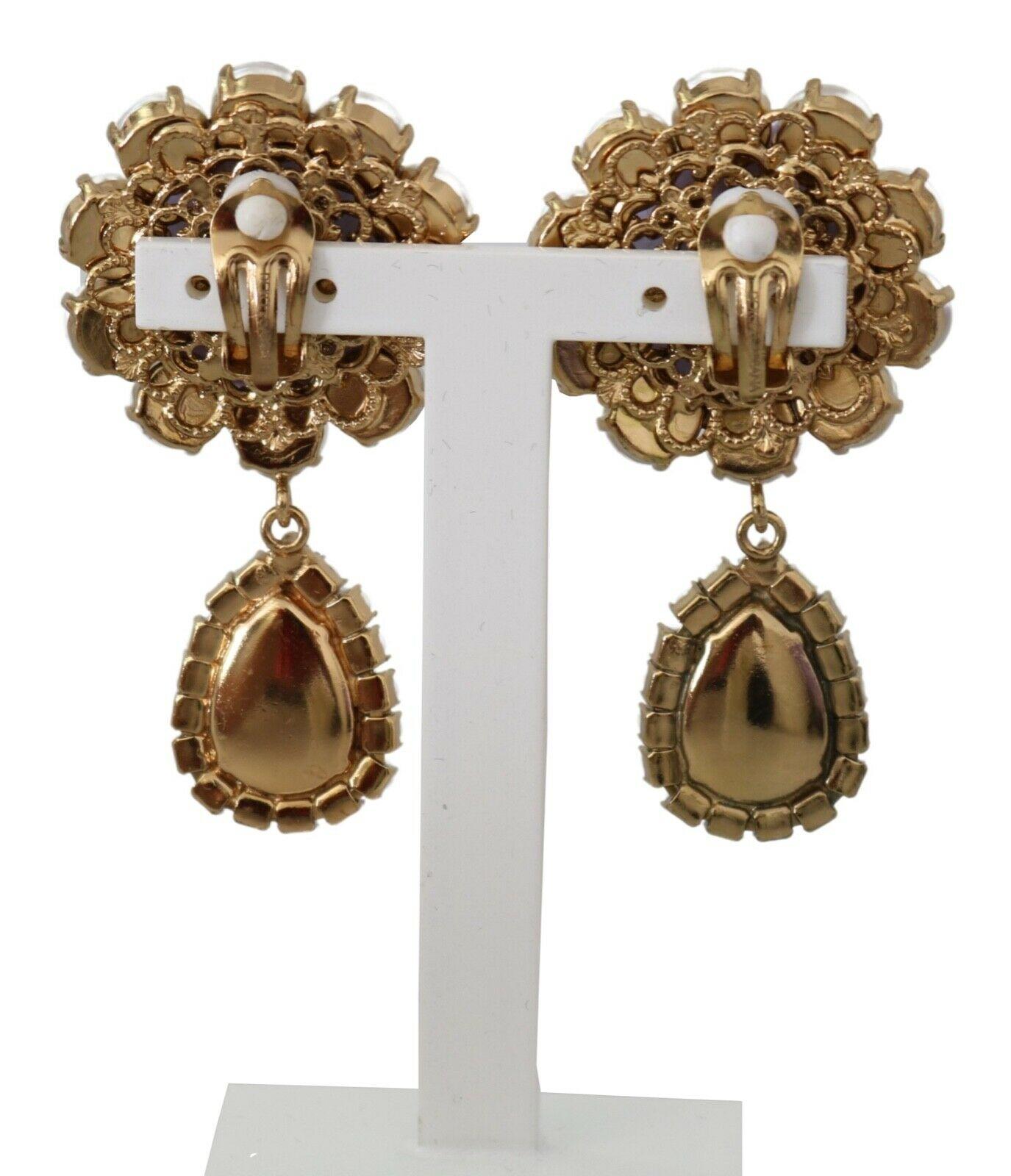 Modern Dolce & Gabbana Purple Gold Brass Crystal Floral Clip-on Drop Earrings Flower