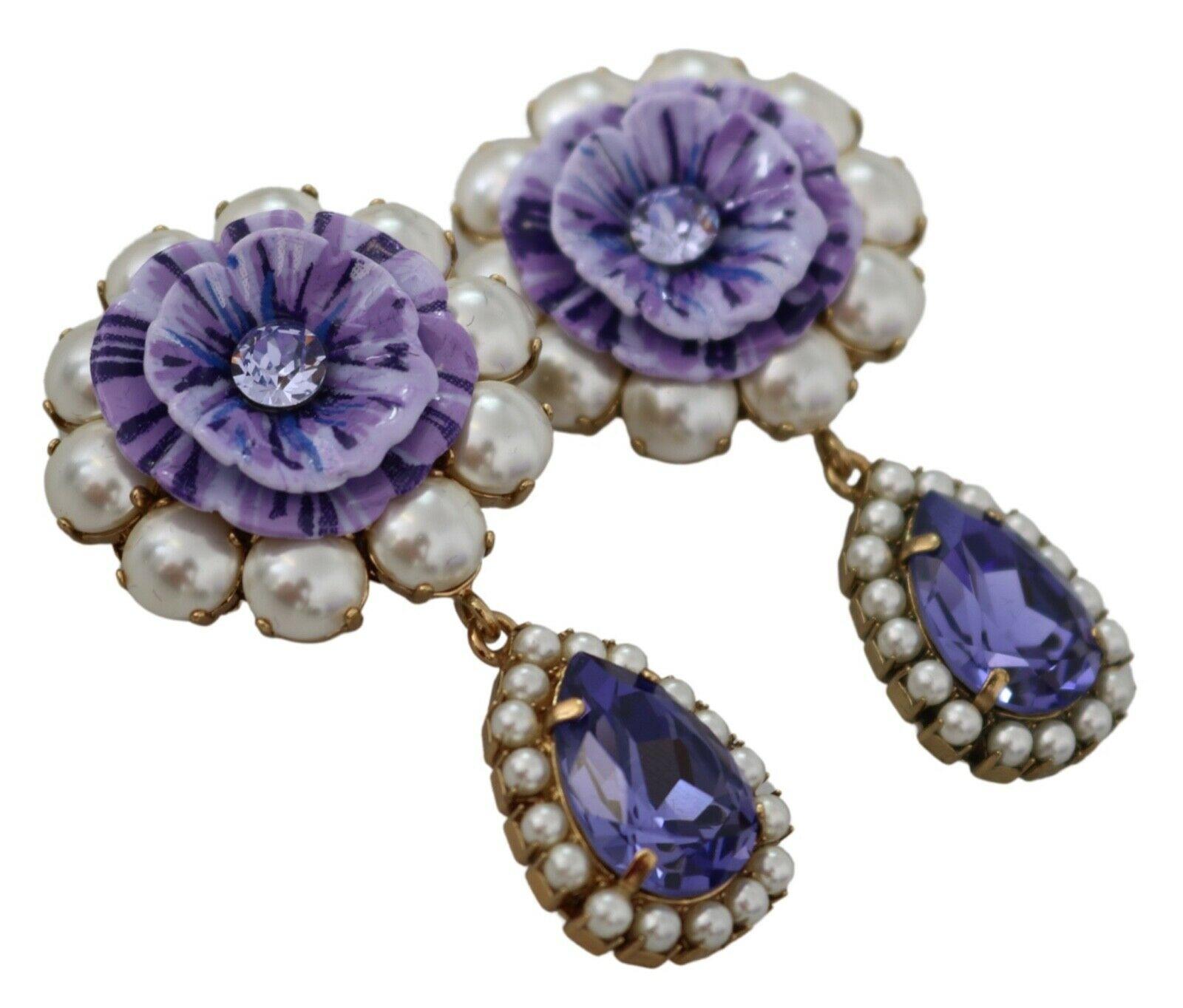 Women's Dolce & Gabbana Purple Gold Brass Crystal Floral Clip-on Drop Earrings Flower