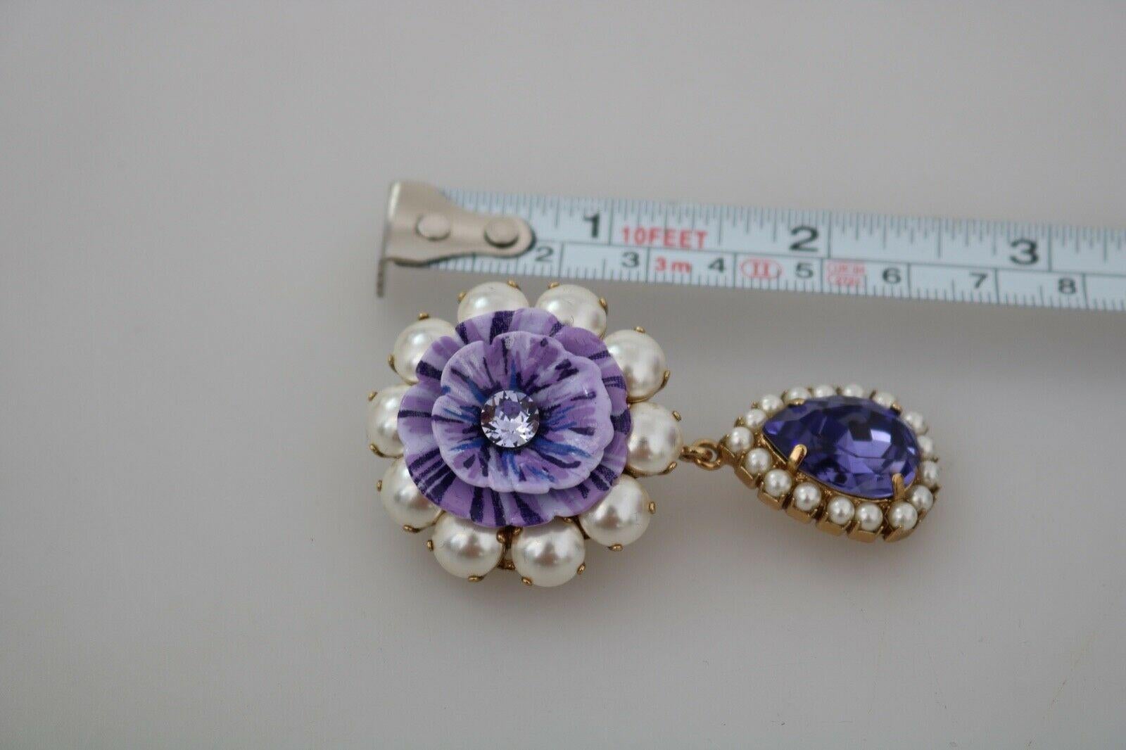 Dolce & Gabbana Purple Gold Brass Crystal Floral Clip-on Drop Earrings Flower 2