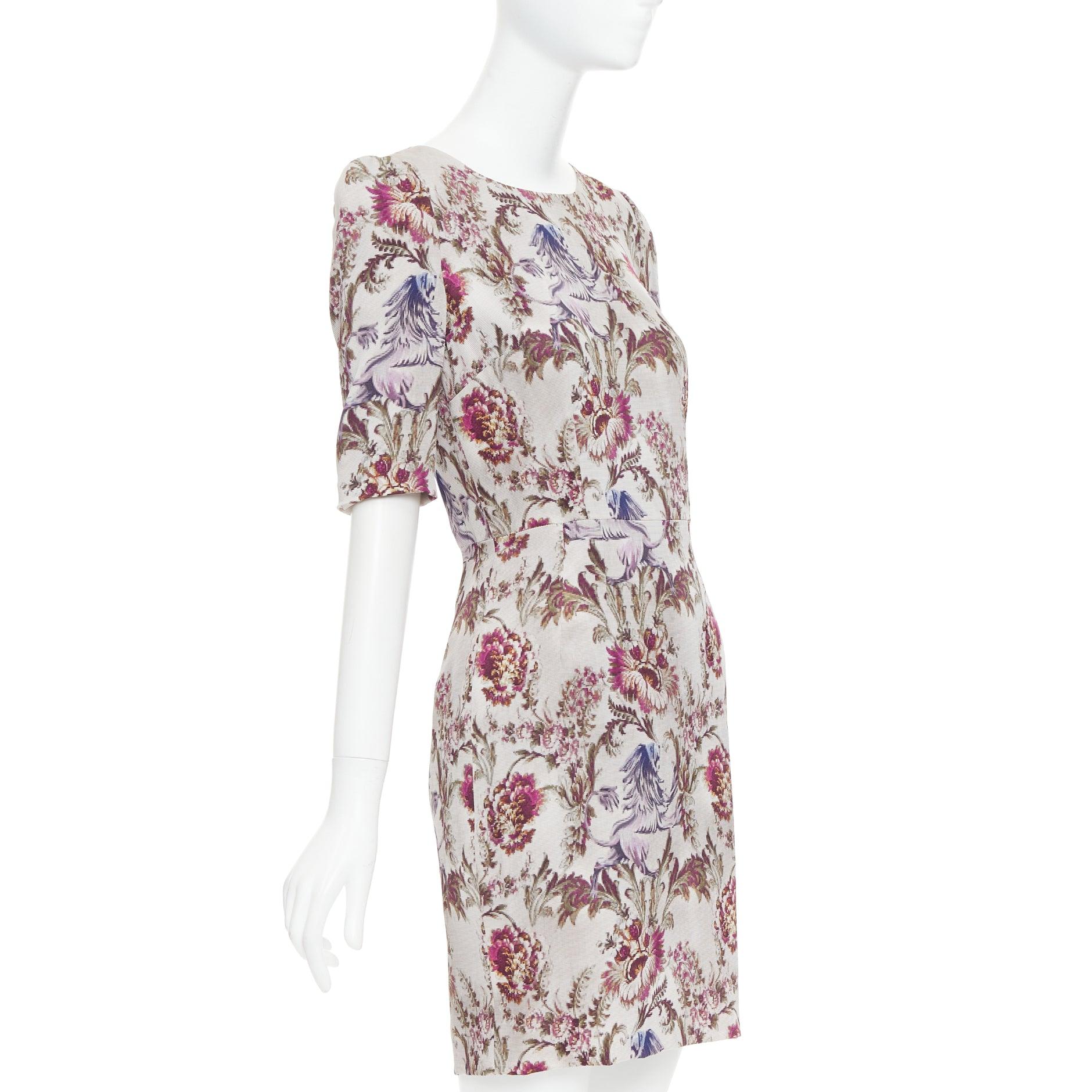 Gray DOLCE GABBANA purple grey silk Barocco flower print sheath dress IT42 M For Sale