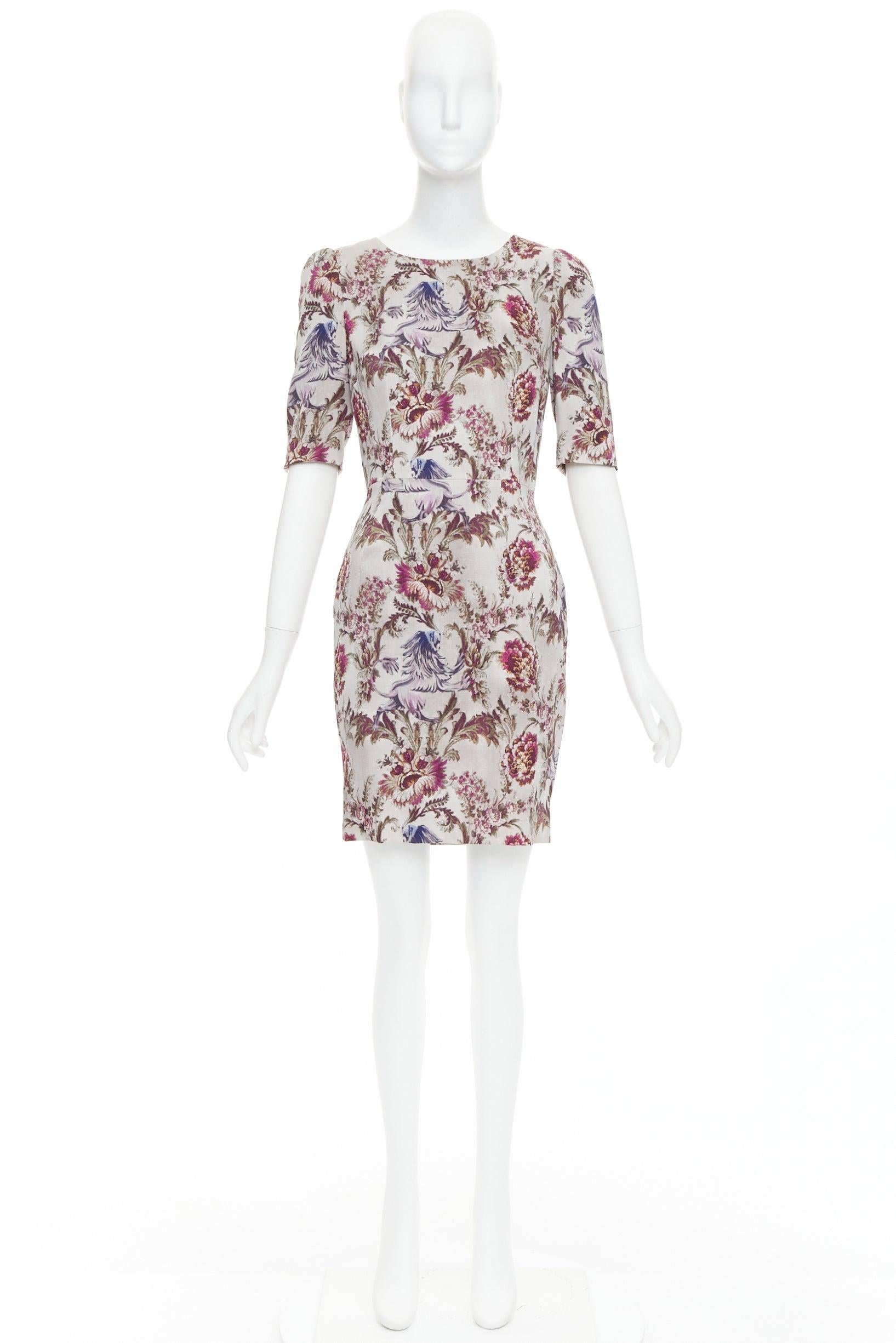 DOLCE GABBANA purple grey silk Barocco flower print sheath dress IT42 M For Sale 4
