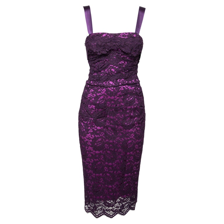 Dolce & Gabbana Purple Silk Stretch Black Lace A-Line Dress