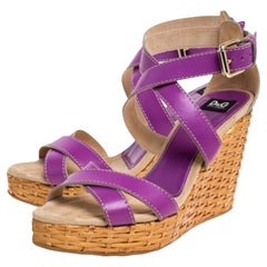 Dolce & Gabbana Purple Leather Ankle Strap Raffia Wedge Sandals Size 37