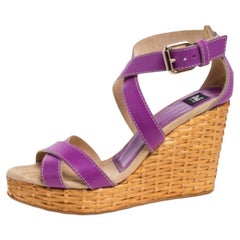 Dolce & Gabbana Purple Leather Ankle Strap Raffia Wedge Sandals Size 37