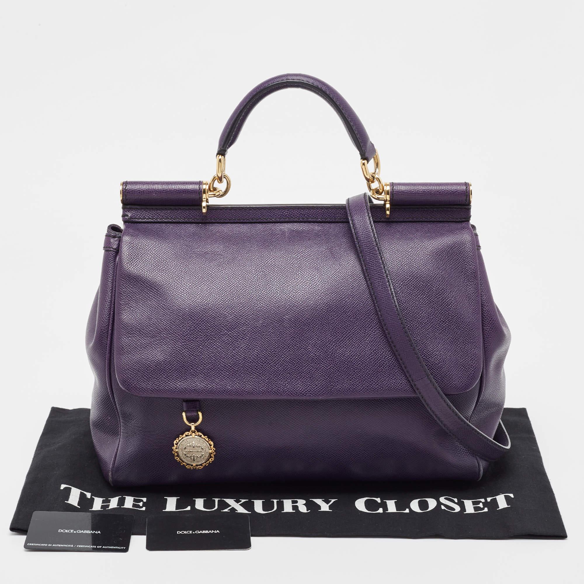 Dolce & Gabbana Purple Leather Large Miss Sicily Top Handle Bag For Sale 14