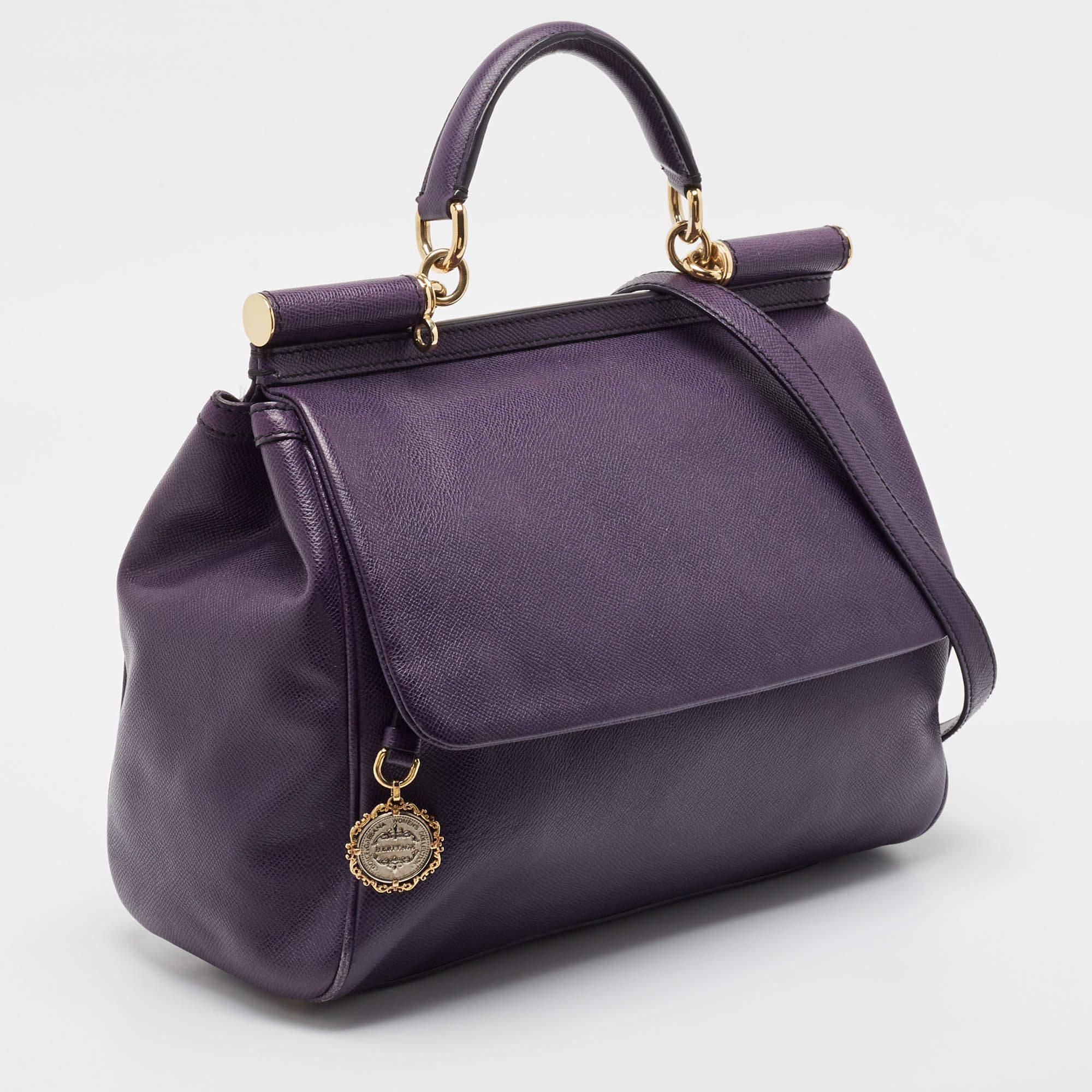 Black Dolce & Gabbana Purple Leather Large Miss Sicily Top Handle Bag For Sale