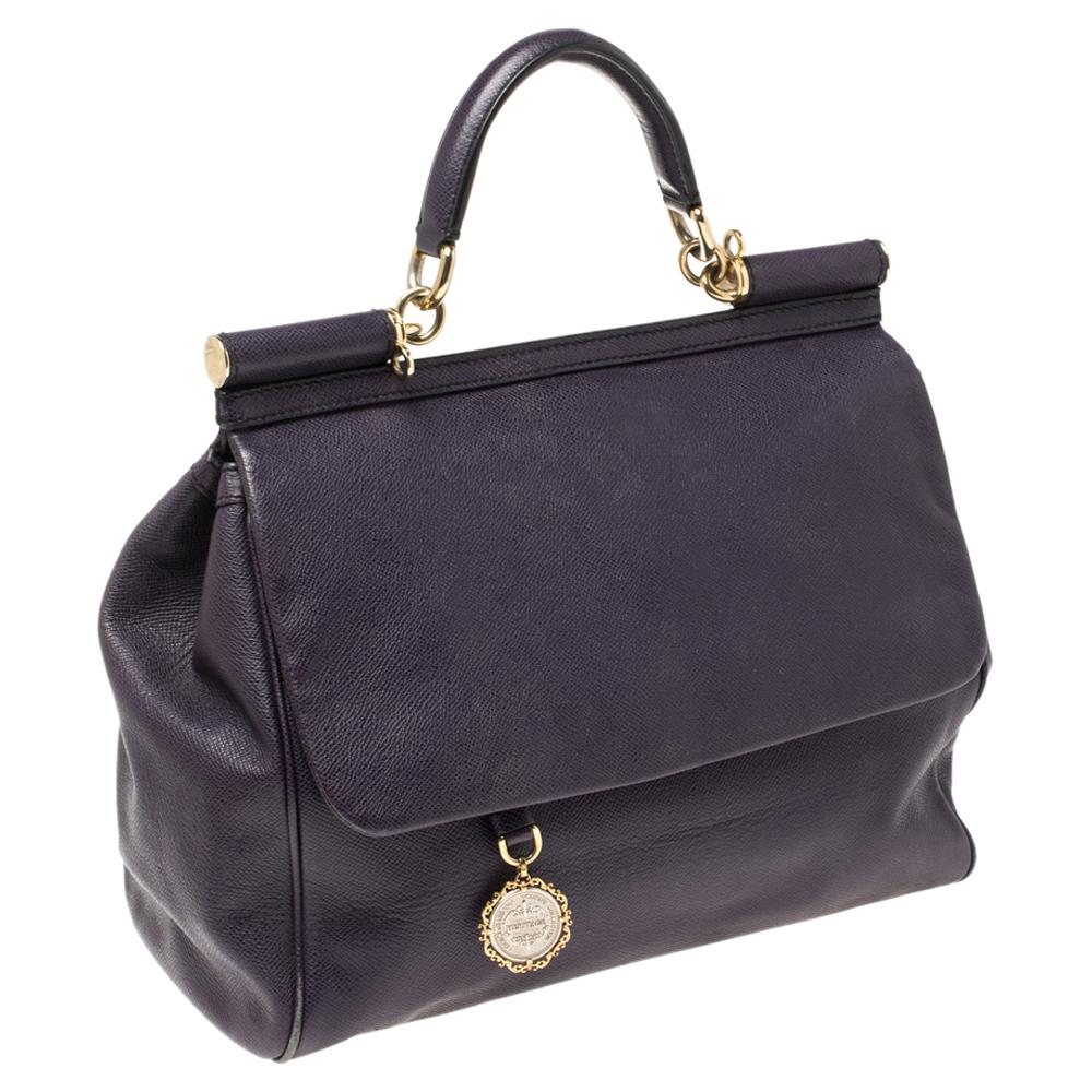 Black Dolce & Gabbana Purple Leather Large Miss Sicily Top Handle Bag
