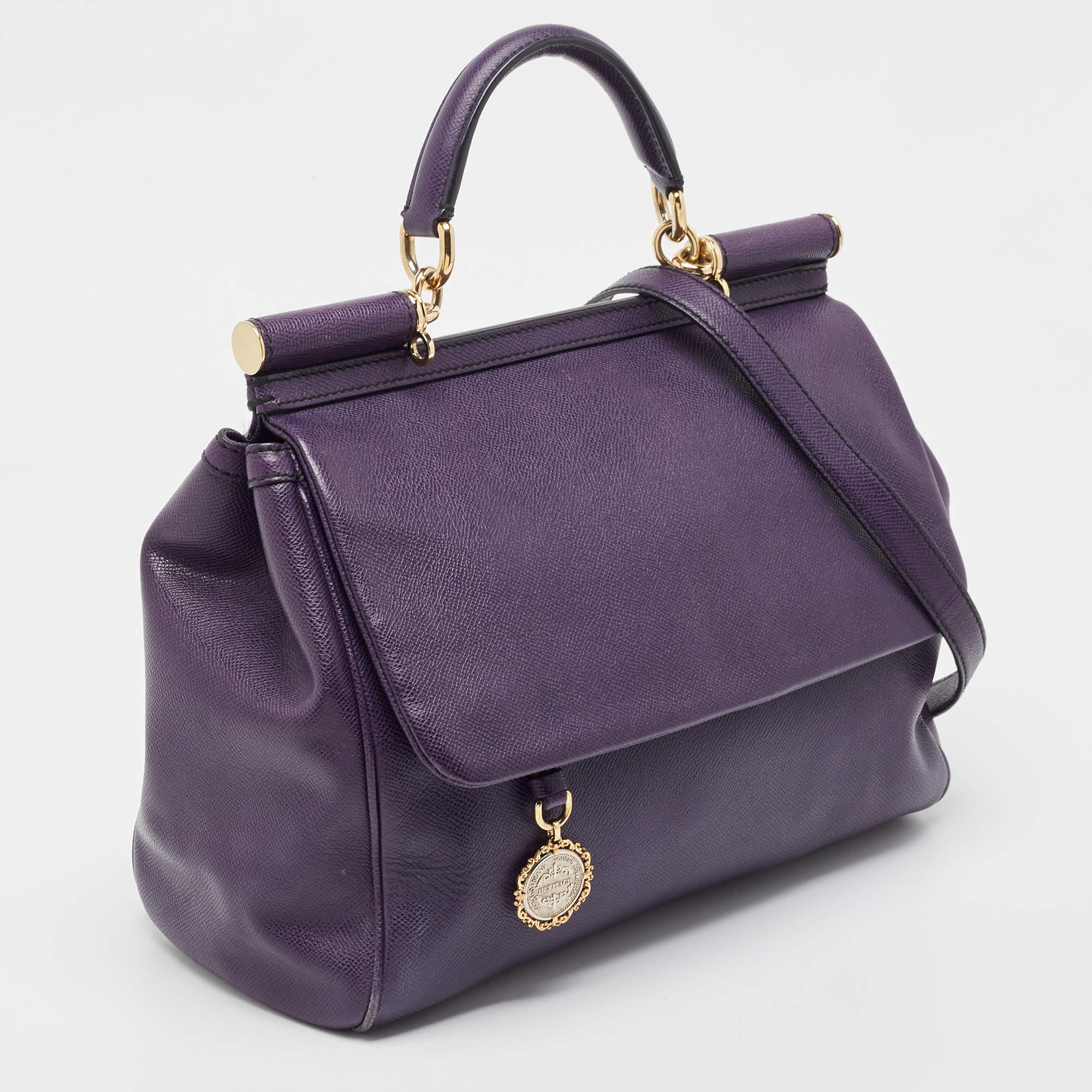 Gray Dolce & Gabbana Purple Leather Large Miss Sicily Top Handle Bag For Sale